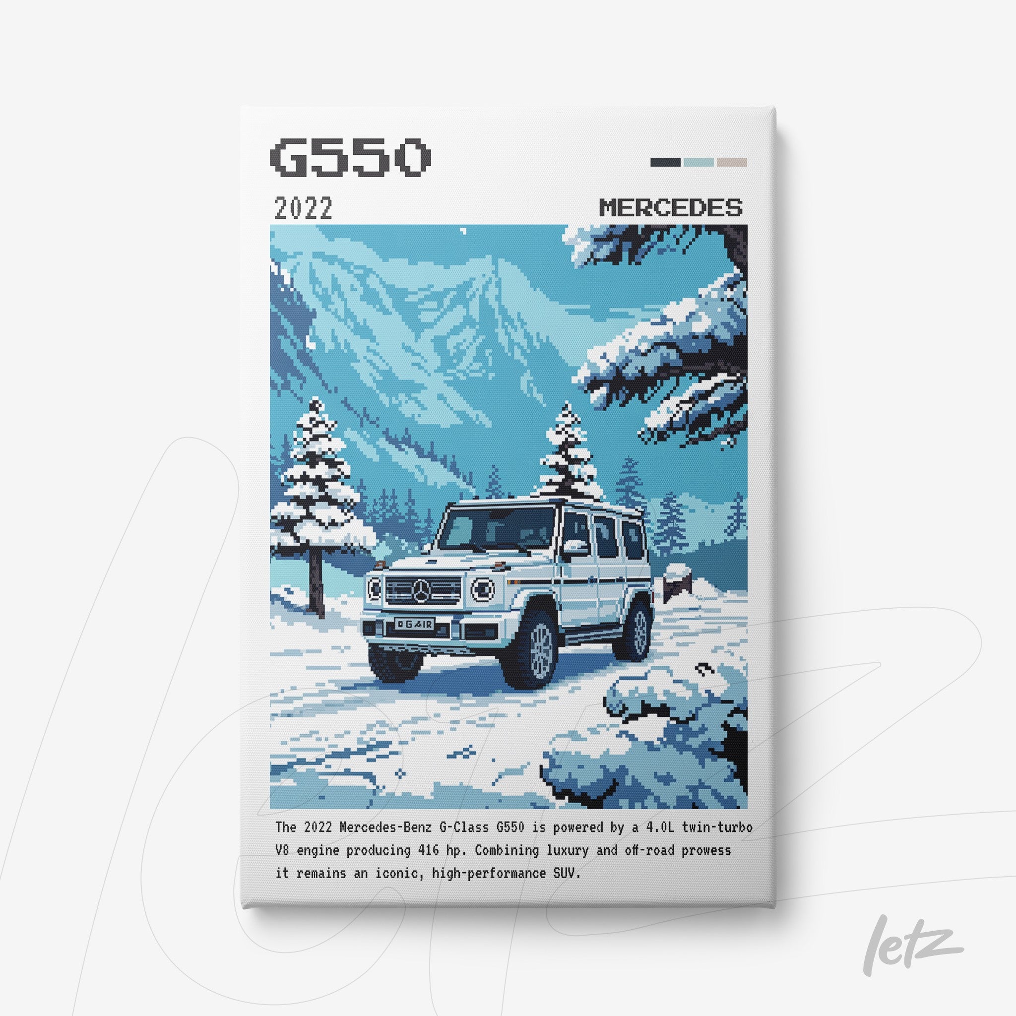 quadro com arte digital de carro Mercedes-Benz G550 em um cenário de montanha com neve