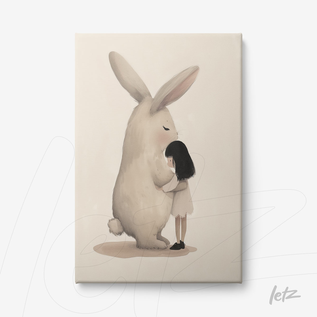 arte digital de uma menina abraçando um coelho gigante em fundo claro com textura suave