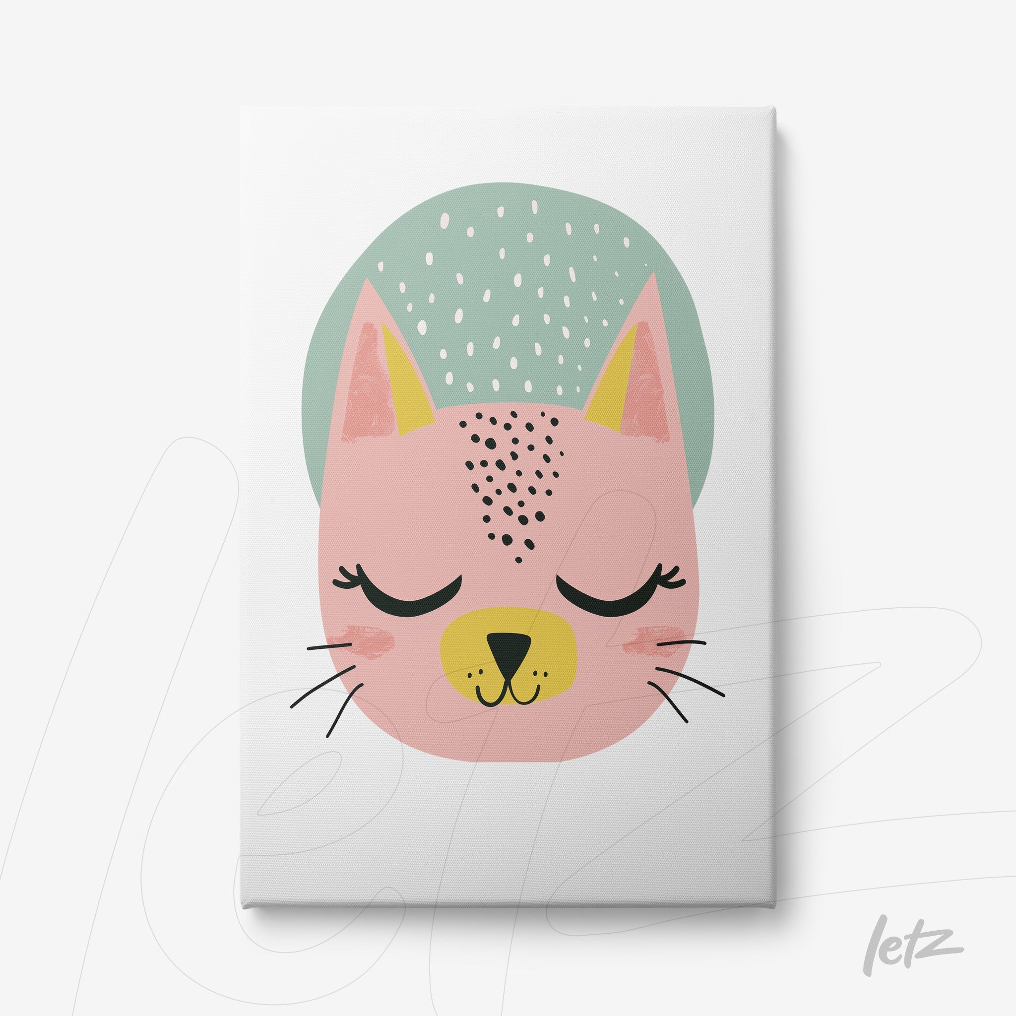 quadro em canvas com ilustração de gato rosa com chapéu azul e olhos fechados