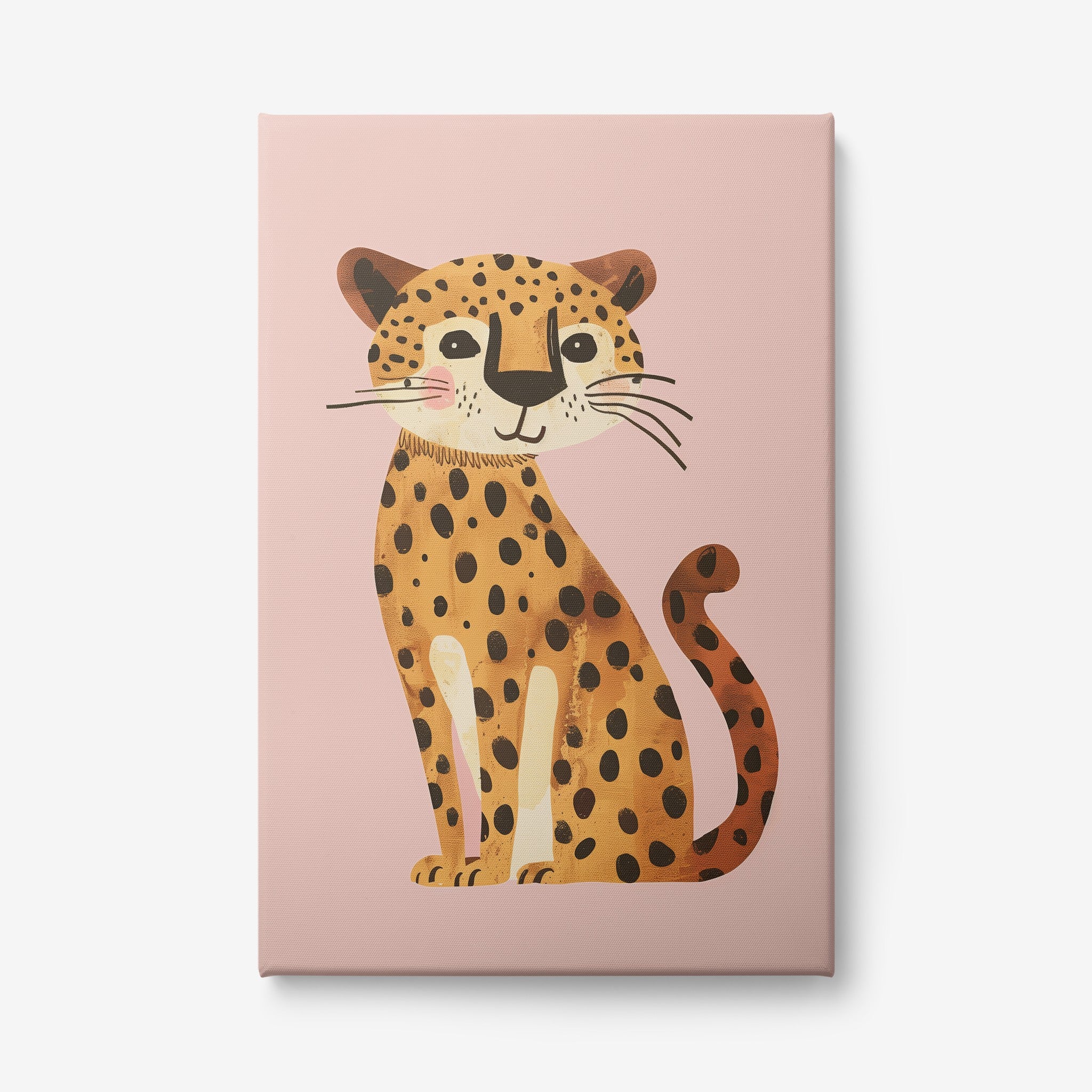 quadro em canvas com ilustração de um leopardo sorridente sobre fundo rosa