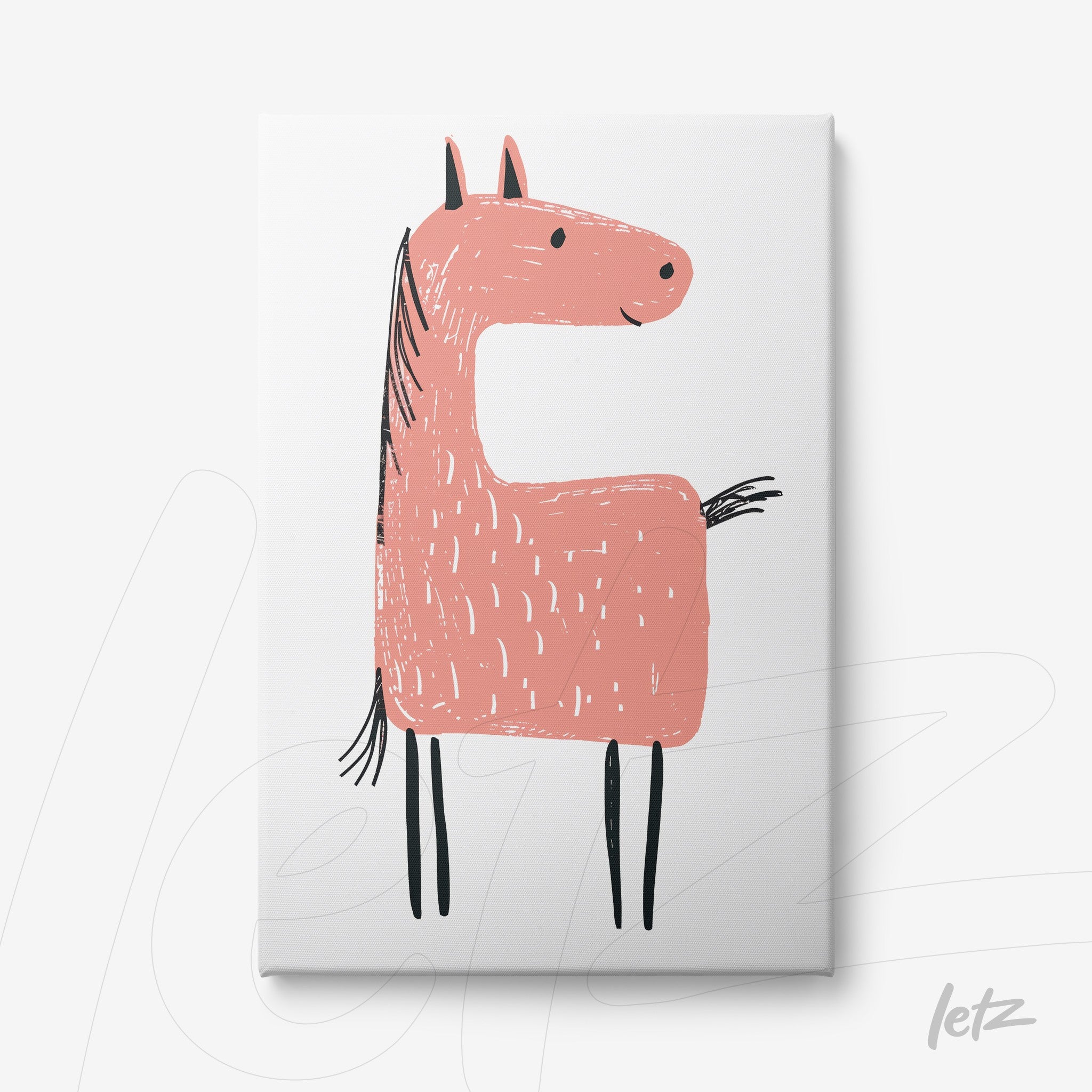 quadro em canvas com ilustração de um cavalo rosa estilizado em fundo branco