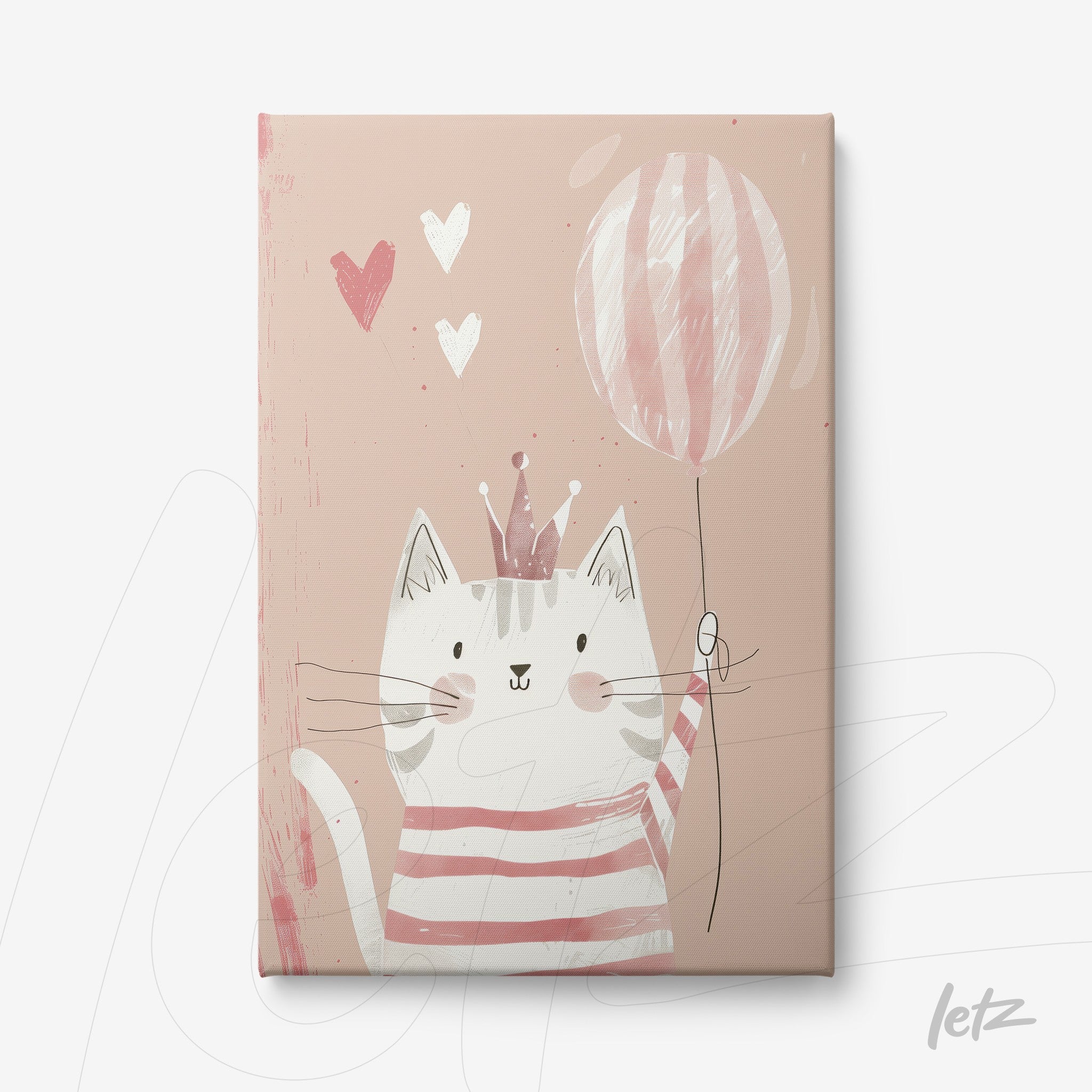 quadro em canvas com ilustração de gato fofo usando uma coroa e segurando um balão rosa em fundo suave