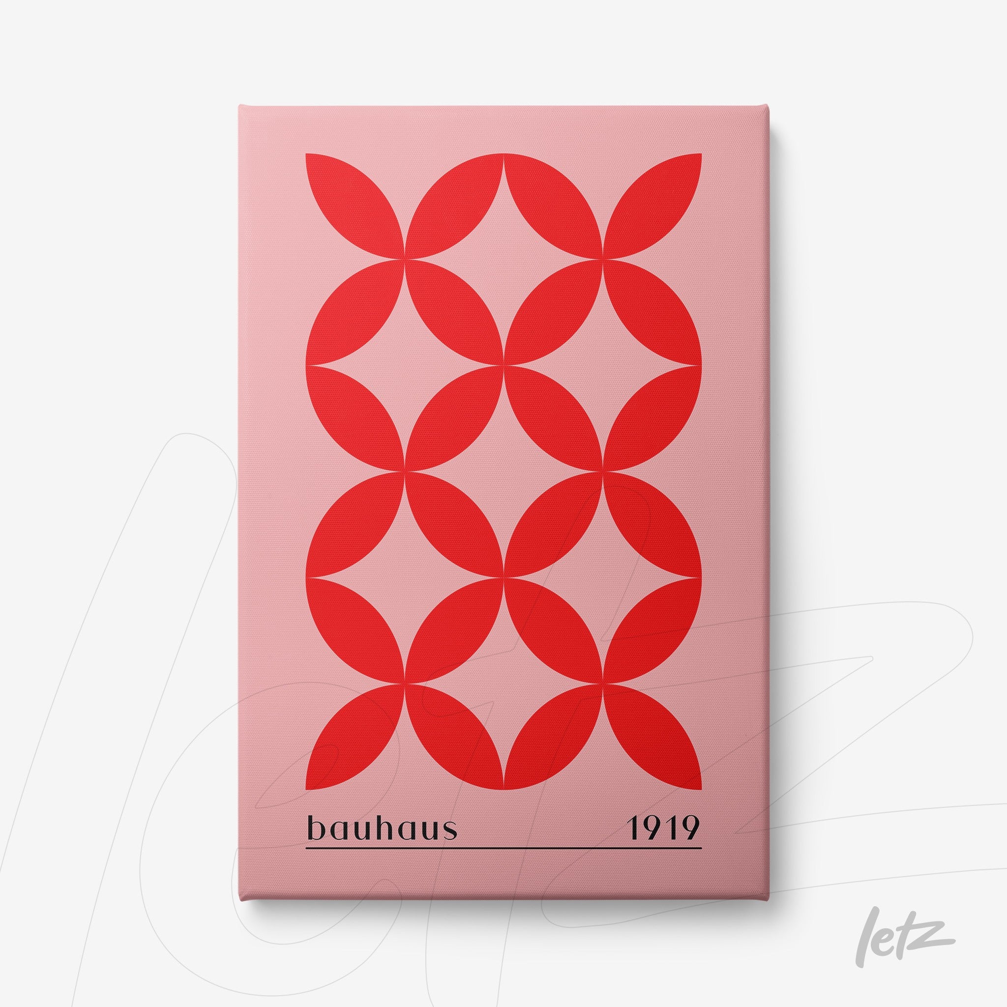 arte geométrica estilo bauhaus com padrão de círculos vermelhos sobre fundo rosa, impressão em tela canvas