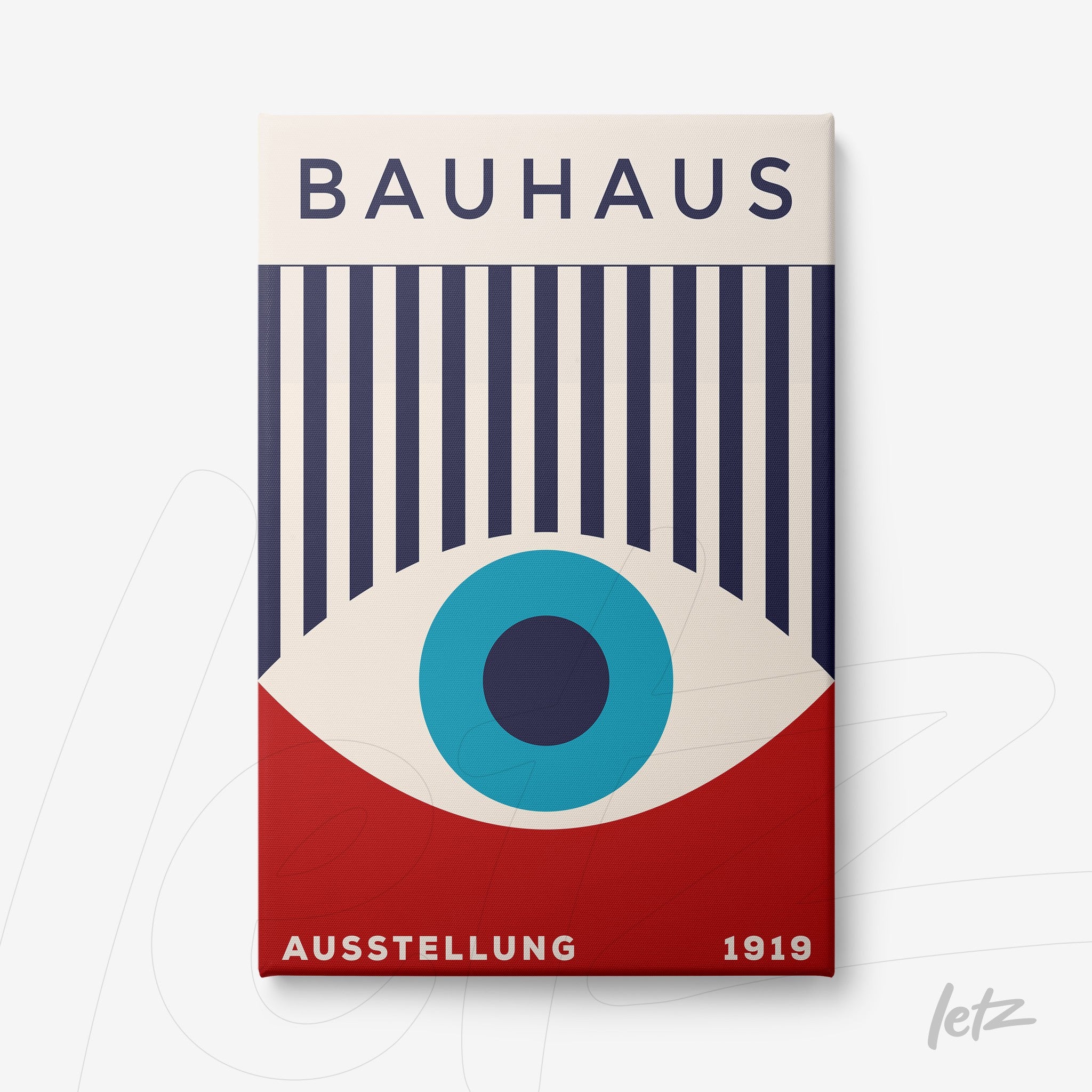 tela em canvas com arte de influência Bauhaus em cores azul, vermelho e branco com formas geométricas e texto Ausstellug 1919