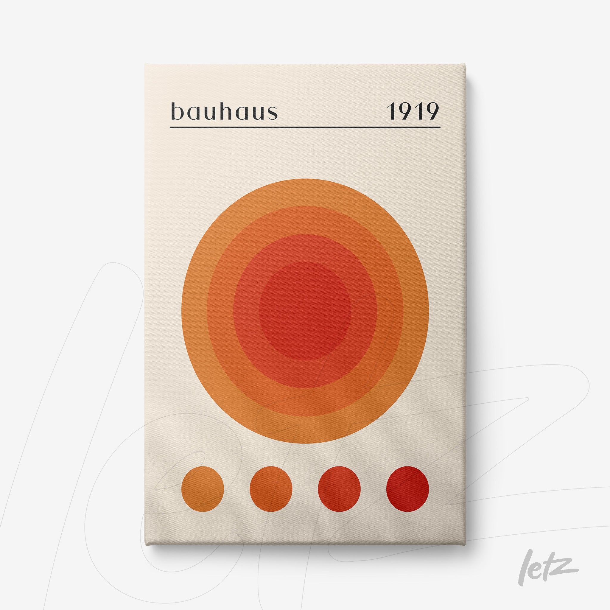 arte em canvas com design minimalista estilo Bauhaus exibindo círculos concêntricos em tons de laranja e vermelho sobre fundo creme