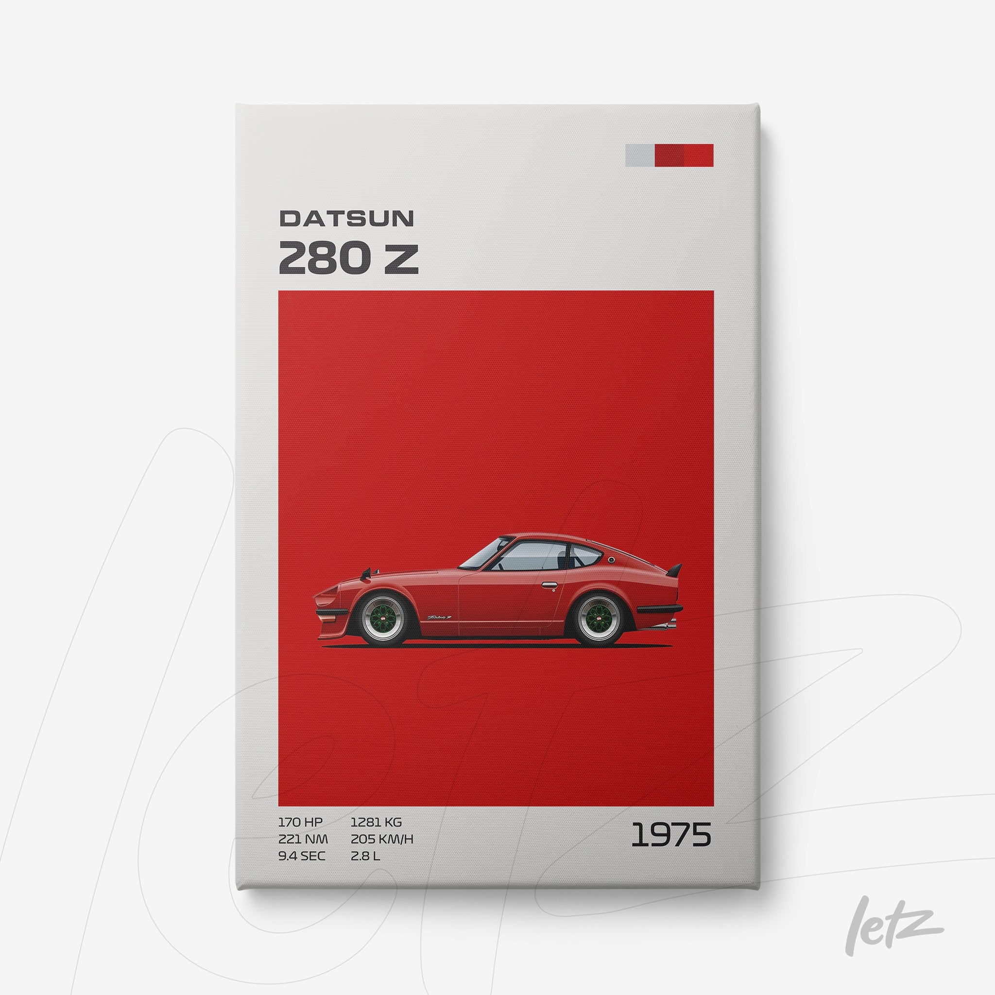 quadro com ilustração estilizada do carro Datsun 280 Z em fundo vermelho vibrante e moldura branca