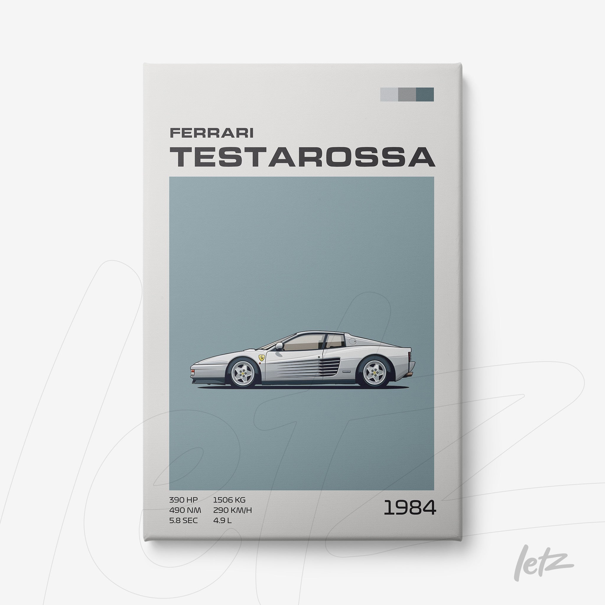 quadro em canvas com ilustração de carro Ferrari Testarossa em fundo azul claro