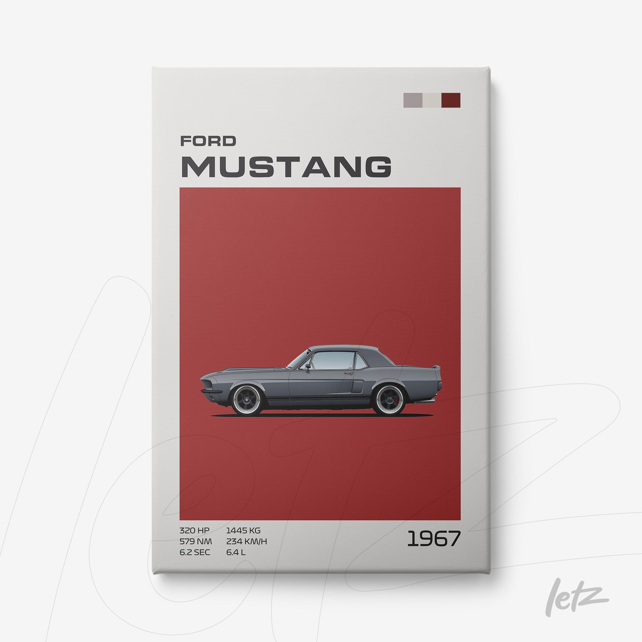 quadro com ilustração minimalista do Ford Mustang 1967 em fundo vermelho