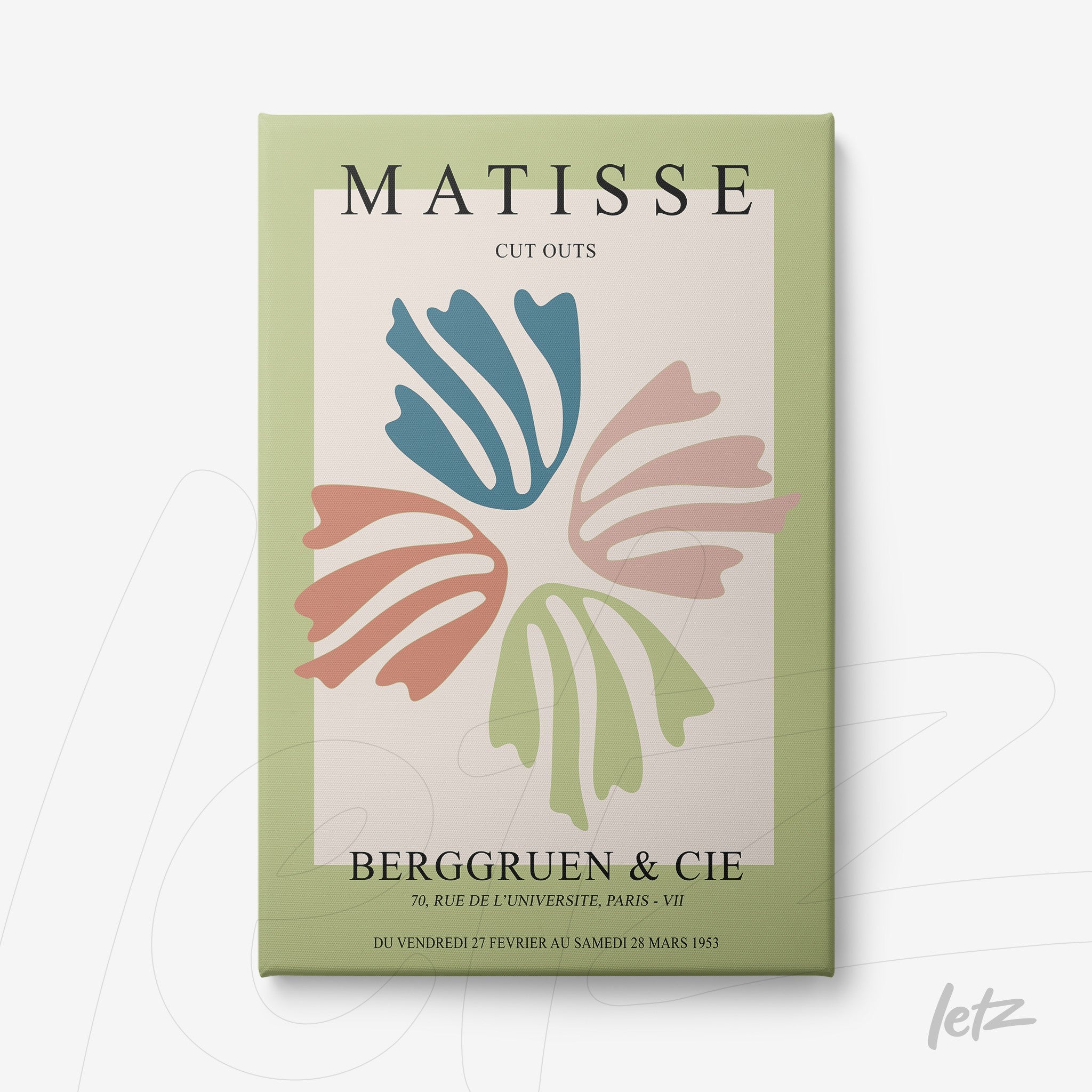 quadro em canvas com arte estilizada de recortes de Matisse, apresentado em fundo verde claro