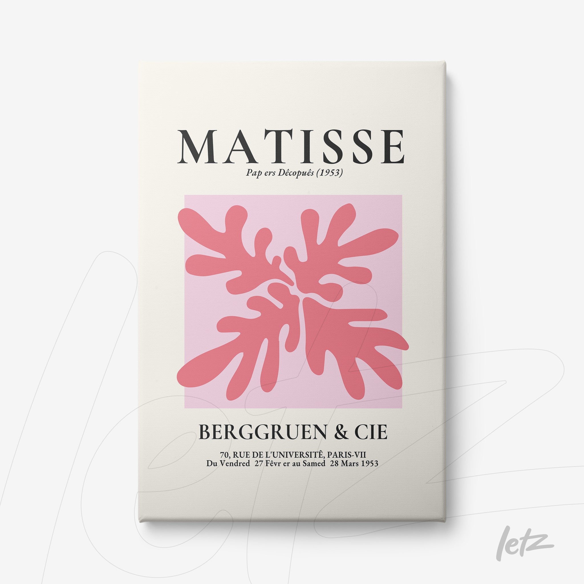 quadro com arte moderna em fundo rosa claro destacando formas orgânicas em tons de rosa, com tipografia elegante na parte superior