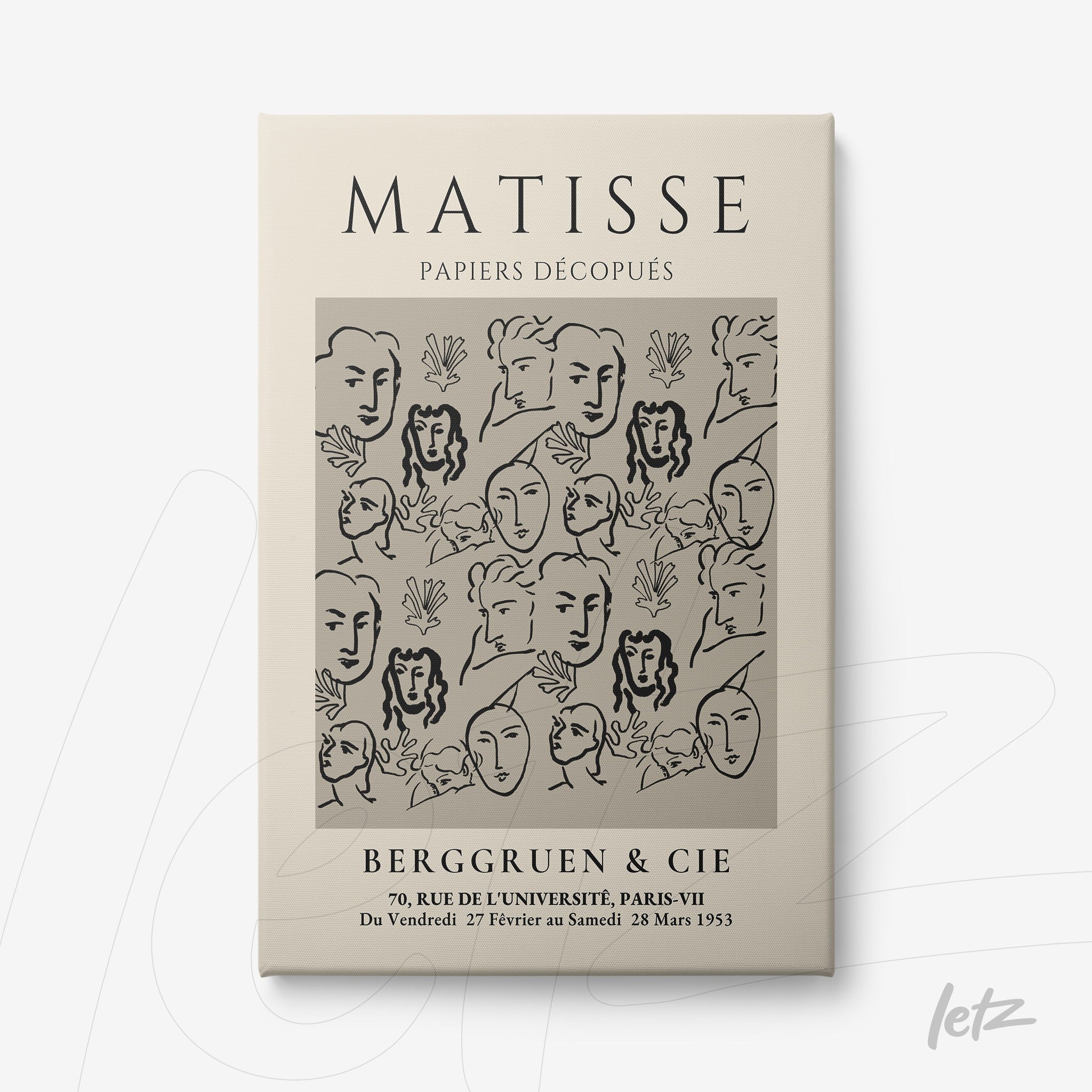 quadro com arte em estilo minimalista apresentando rostos estilizados em fundo claro, moldura em tom neutro