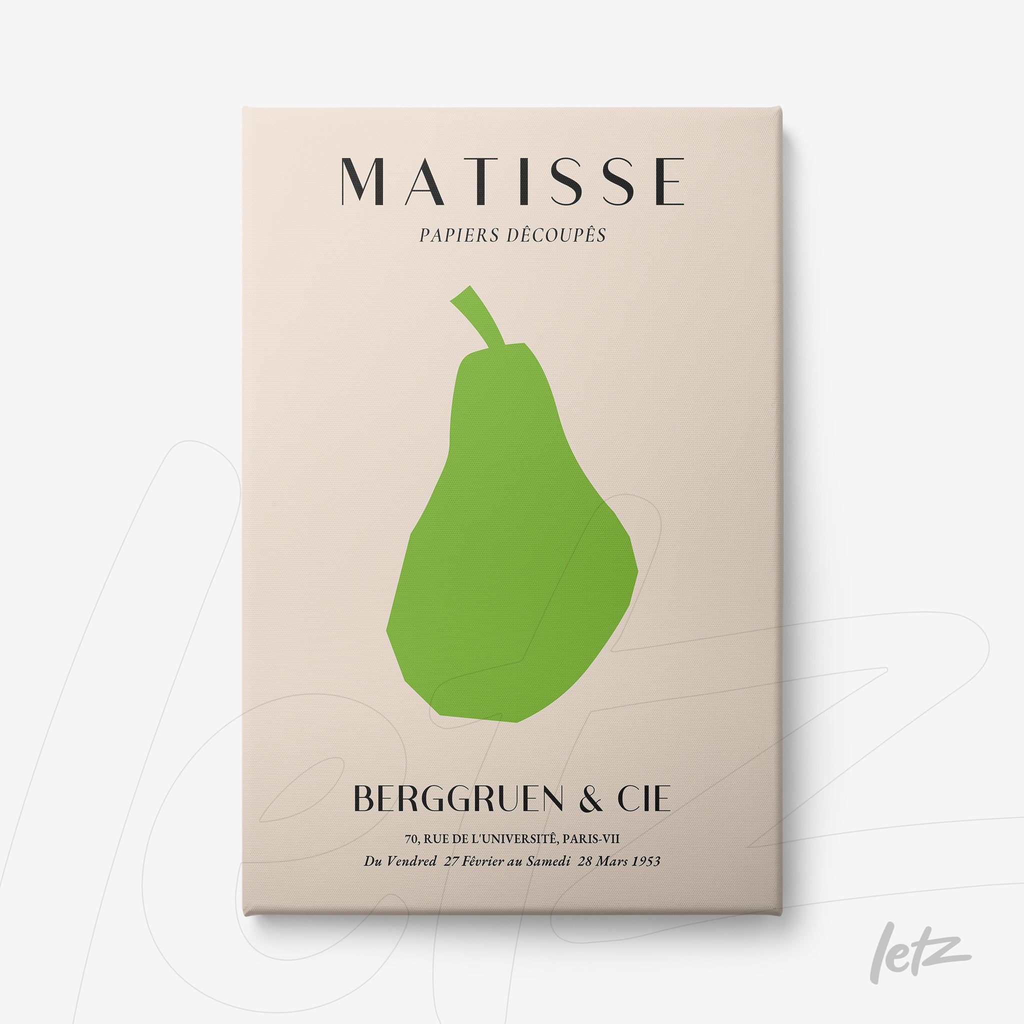 quadro com arte moderna de forma de pêra em verde sobre fundo nude, com tipografia mencionando Matisse