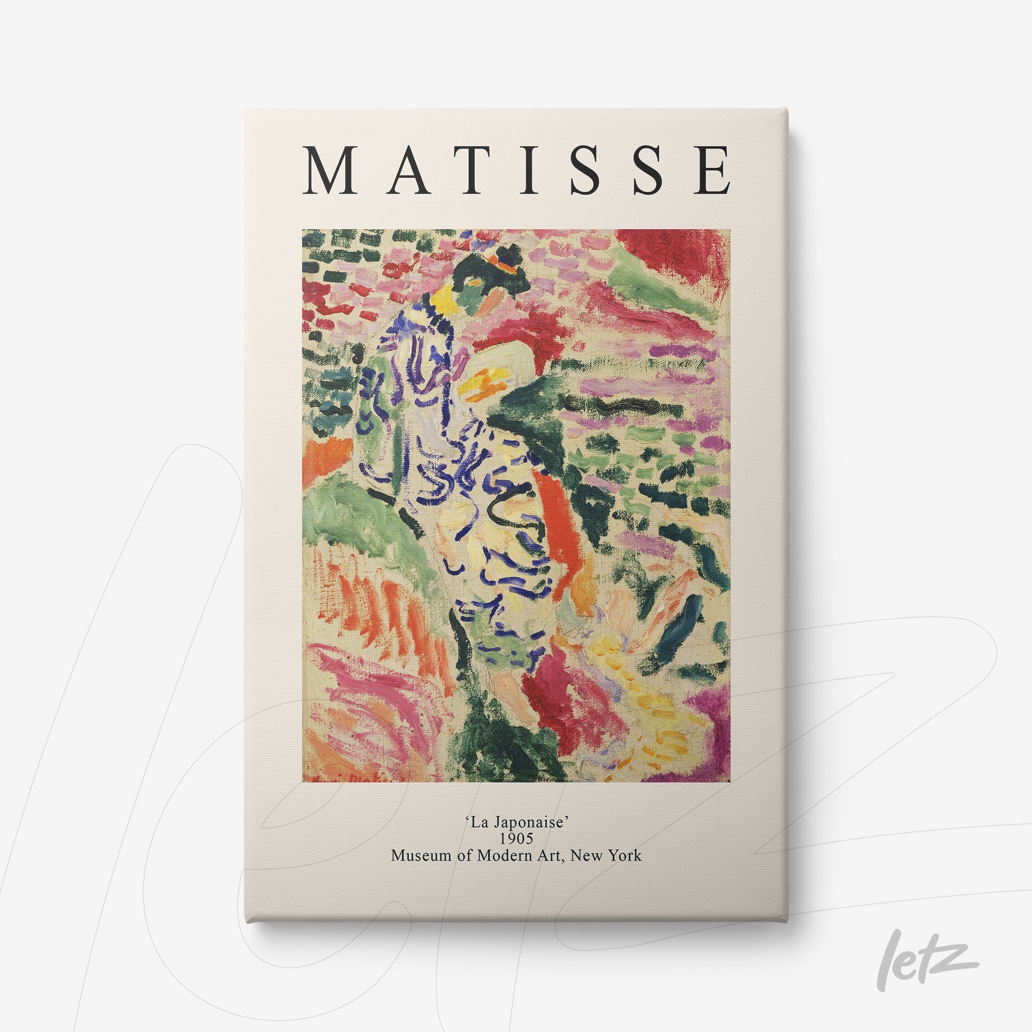 quadro decorativo da obra 'La Japonaise' de Matisse, com fundo claro e moldura em estilo vintage