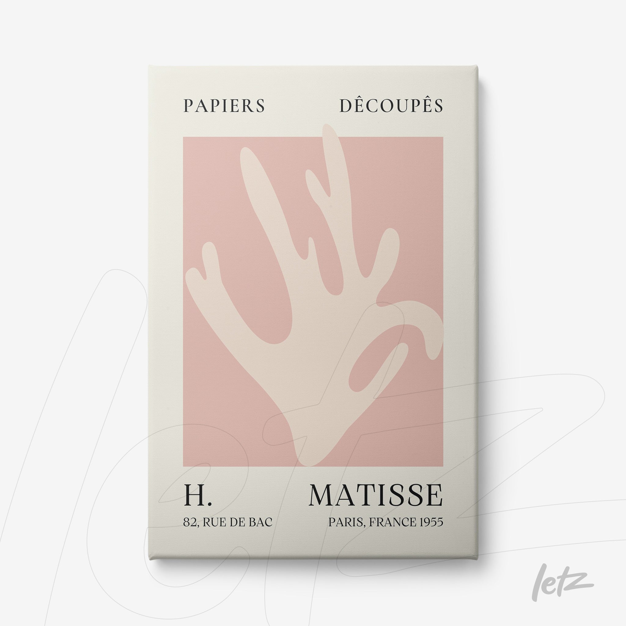 quadro com arte moderna de uma mão estilizada em fundo rosa, moldura branca