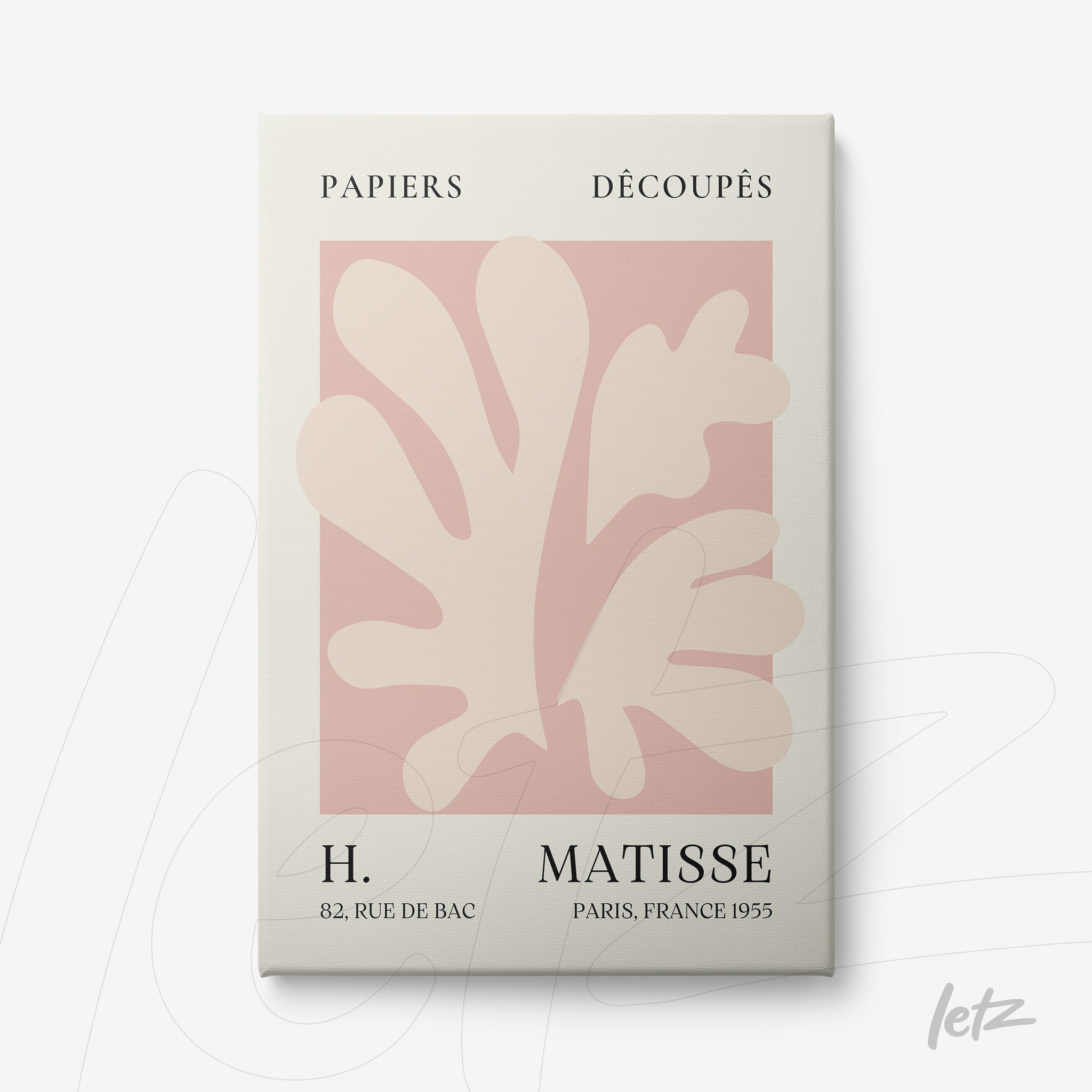 quadro com arte de recortes em cores suaves inspirada em Matisse, fundo rosa e formas orgânicas