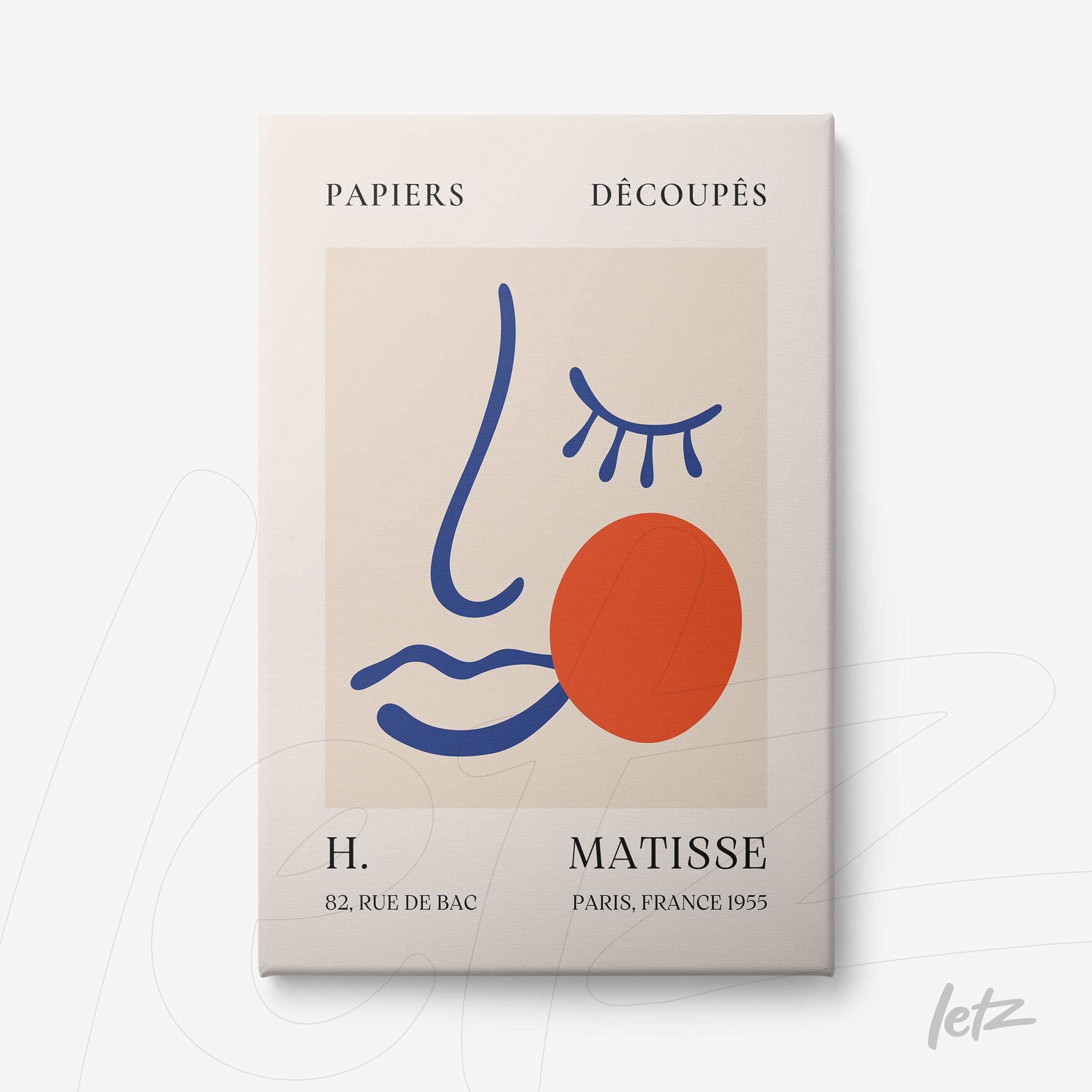 quadro com arte moderna em estilo minimalista, apresentando um rosto estilizado com linhas azuis e um círculo vermelho sobre fundo creme