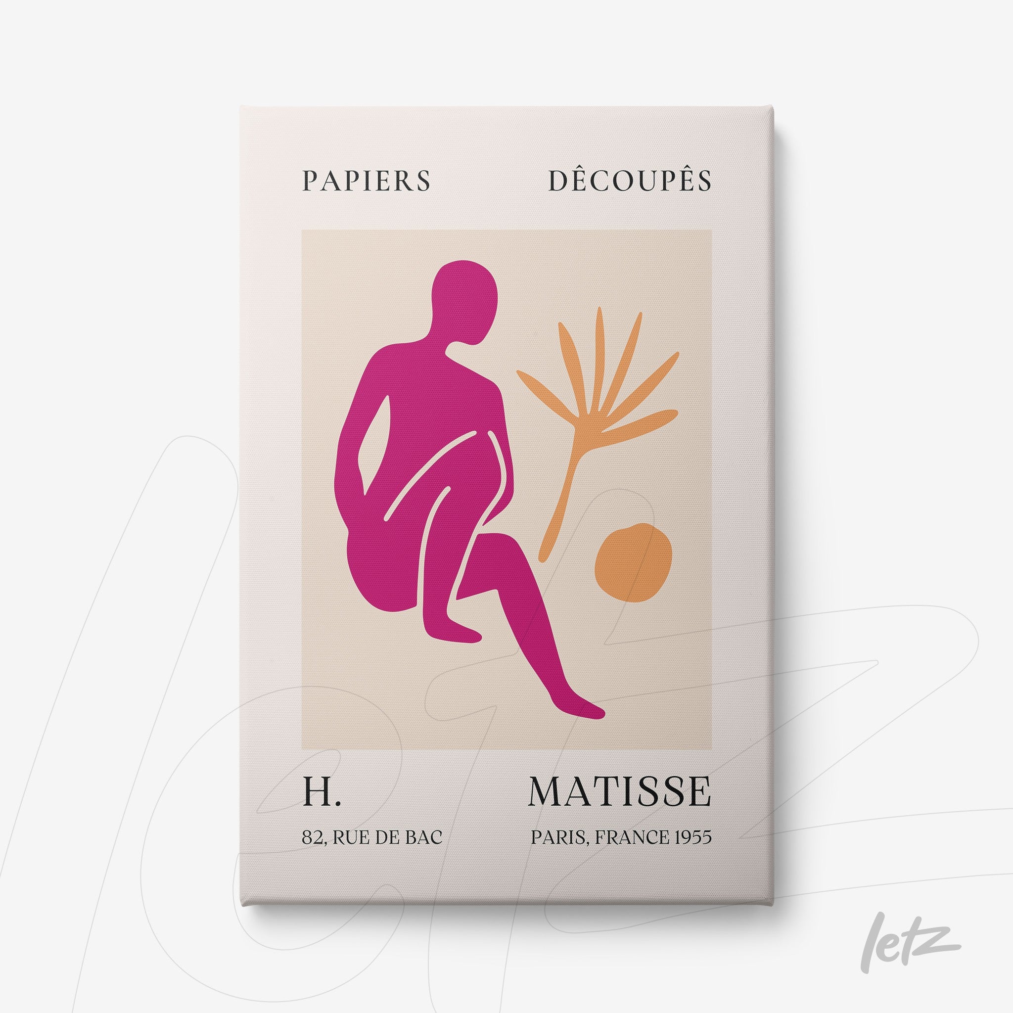 quadro com arte gráfica de figura humana sentada em tons de rosa, acompanhada de uma folha palma e um círculo, com moldura clara