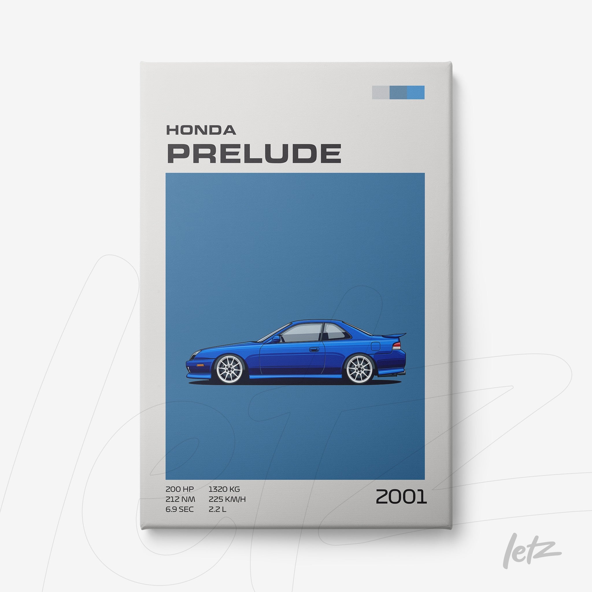 quadro com arte digital de um carro Honda Prelude 2001 em fundo azul, com detalhes em preto e brancos
