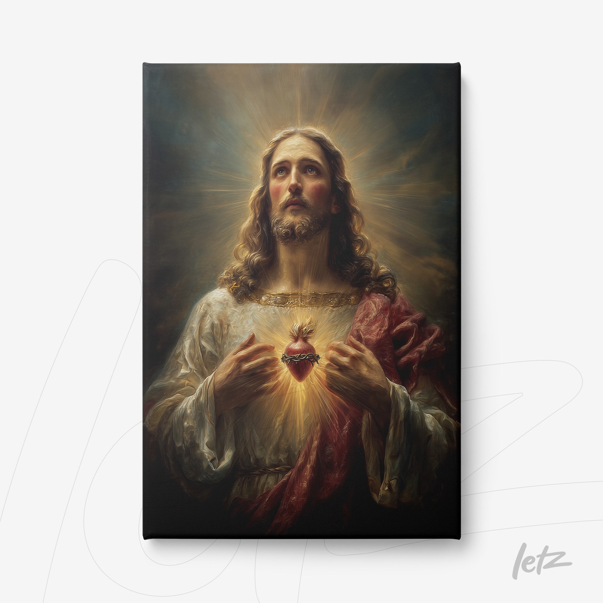quadro em canvas com arte sacra retratando Jesus Cristo com coração resplandecente em fundo dramático