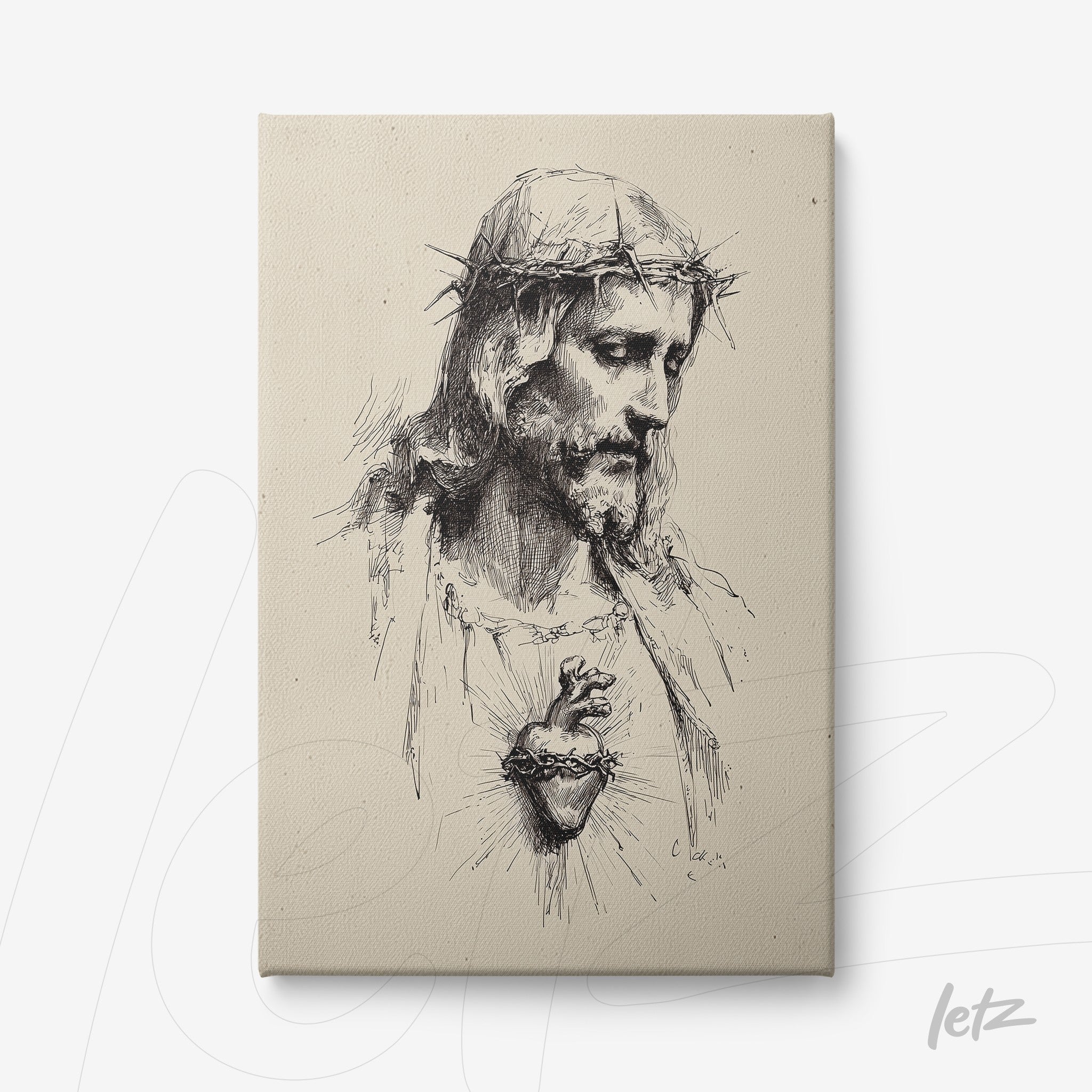 quadro em canvas com retrato do Cristo Crucificado em estilo clássico, fundo neutro e detalhes em tinta preta