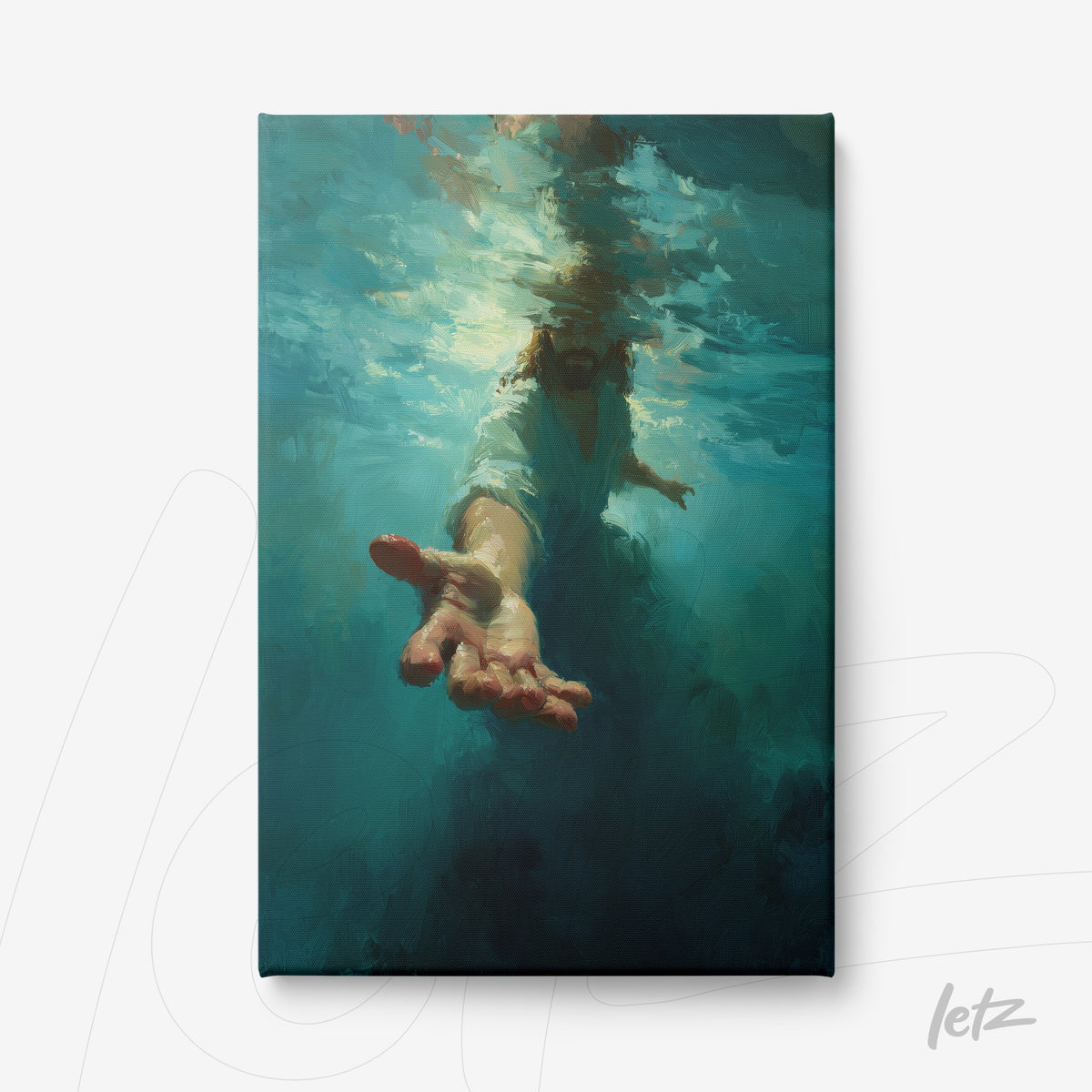 quadro em canvas com arte de figura humana embaixo d'água, retratando uma mão estendida em um fundo azul profundo