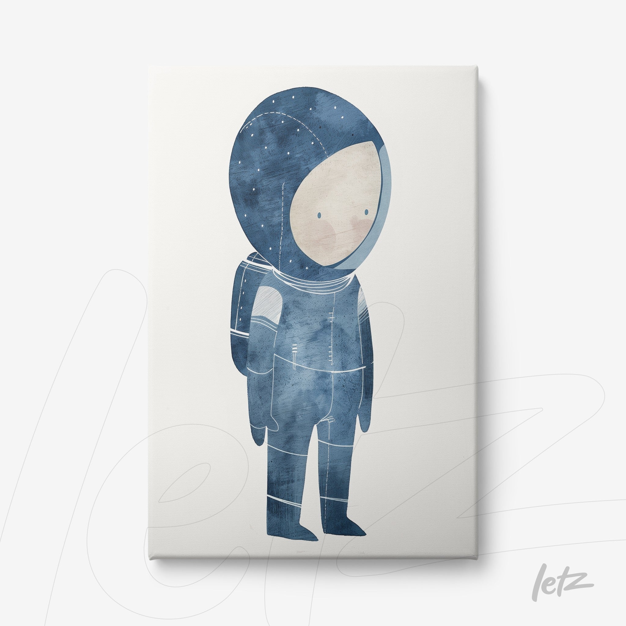 quadro em canvas com ilustração de astronauta em tons de azul sobre fundo claro