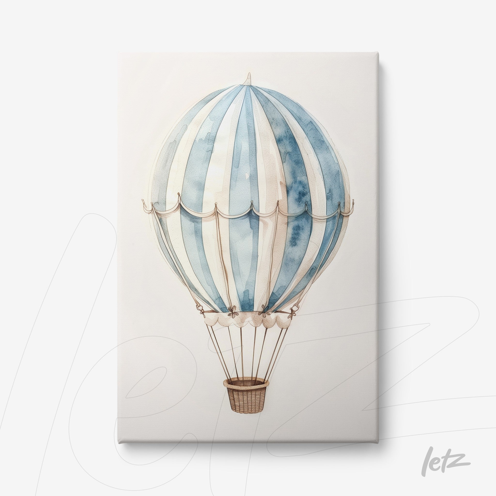 quadro em canvas com ilustração de balão de ar quente em tons de azul e branco