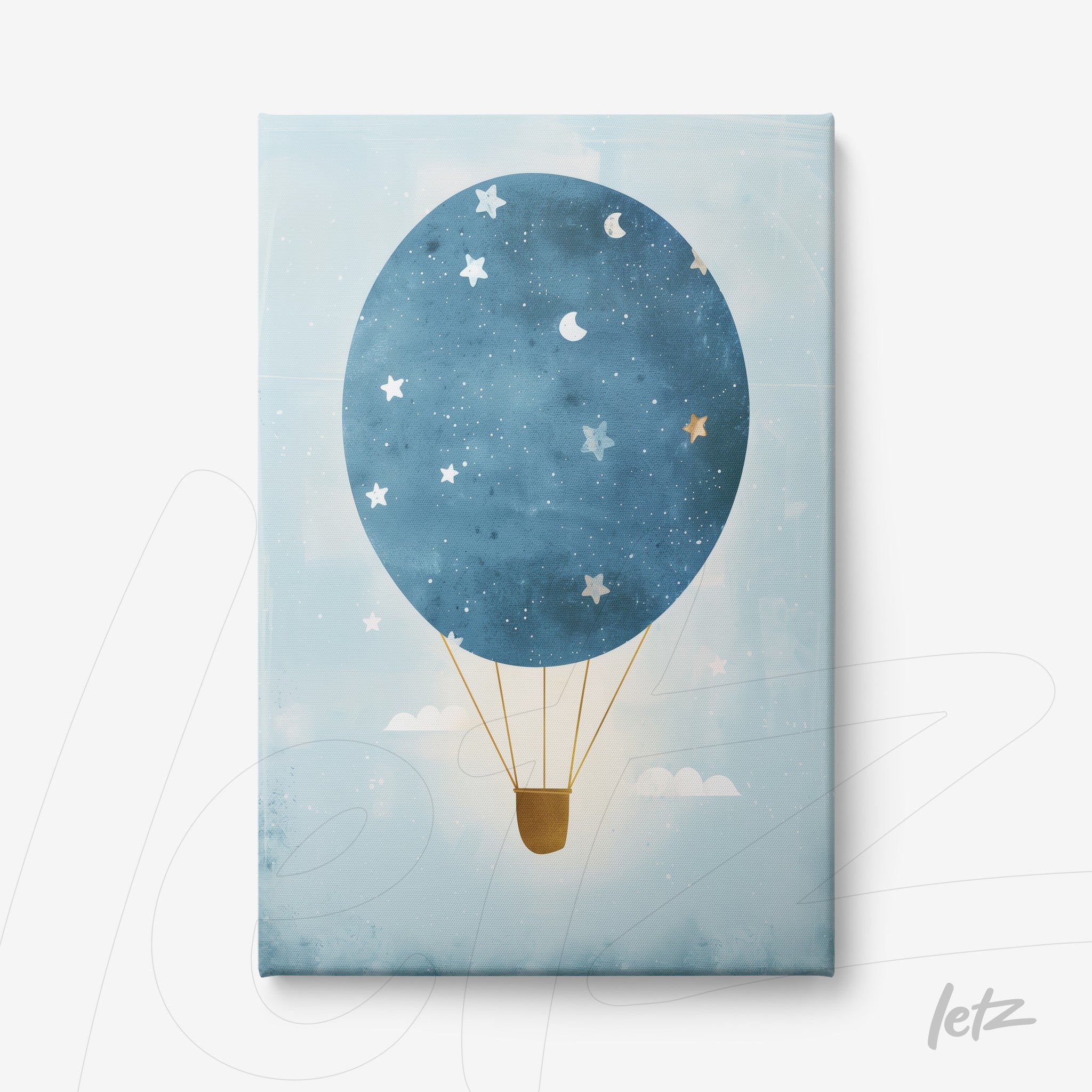 quadro em tela canvas com balão de ar quente azul claro sobre fundo azul com estrelas e nuvens