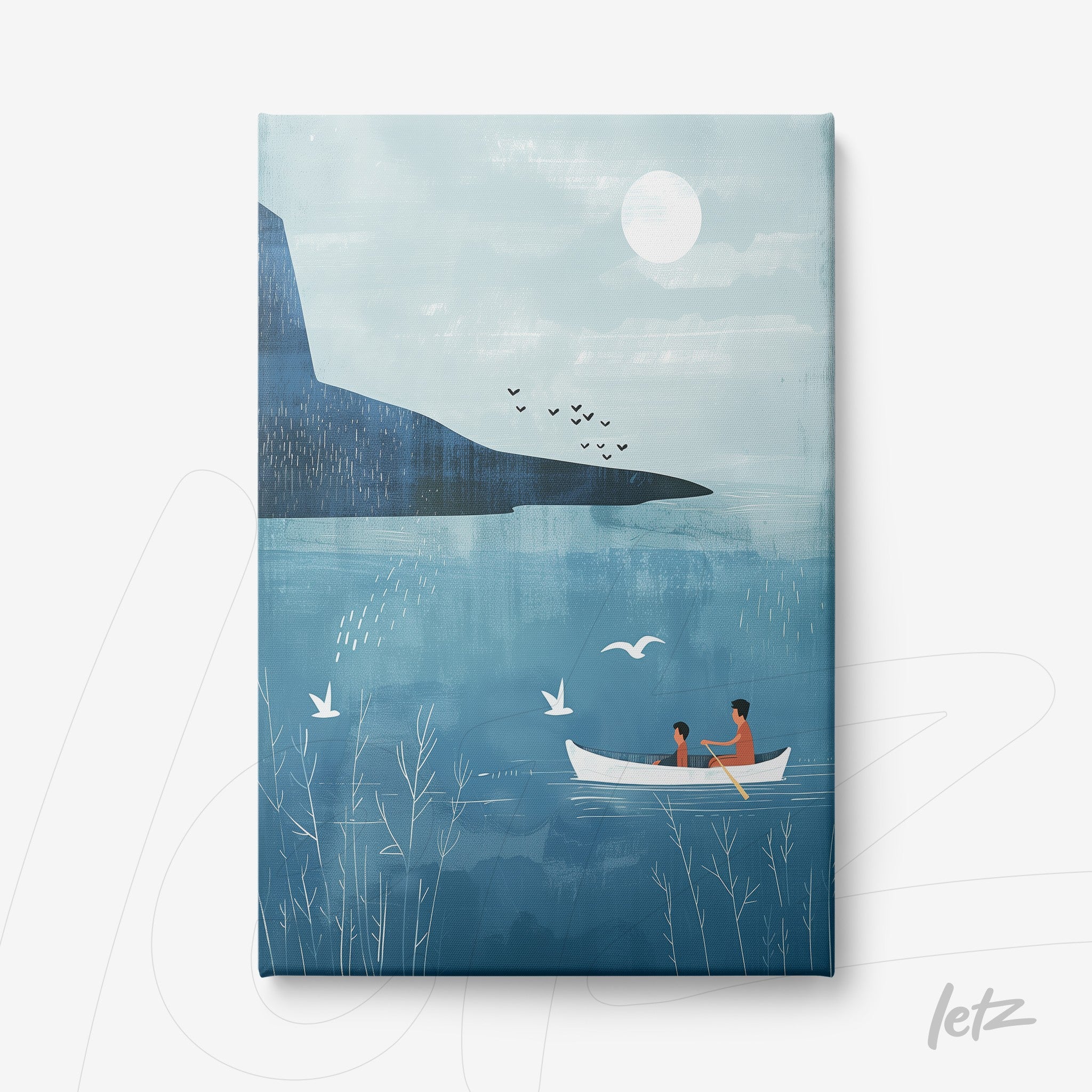 arte digital em canvas mostrando um casal em um barco em um lago sereno com montanhas ao fundo e céu azul