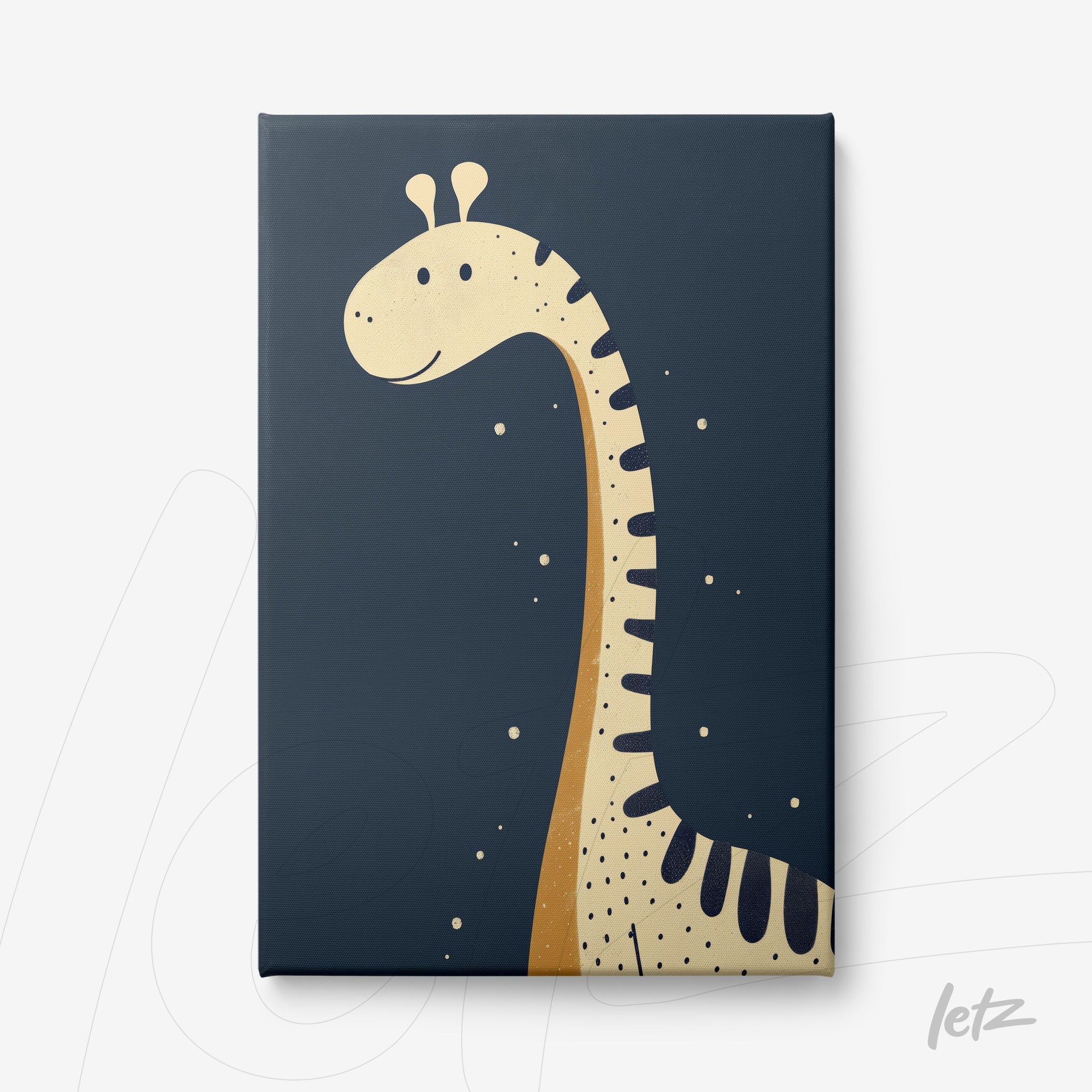 quadro em canvas com ilustração divertida de uma girafa em fundo azul escuro