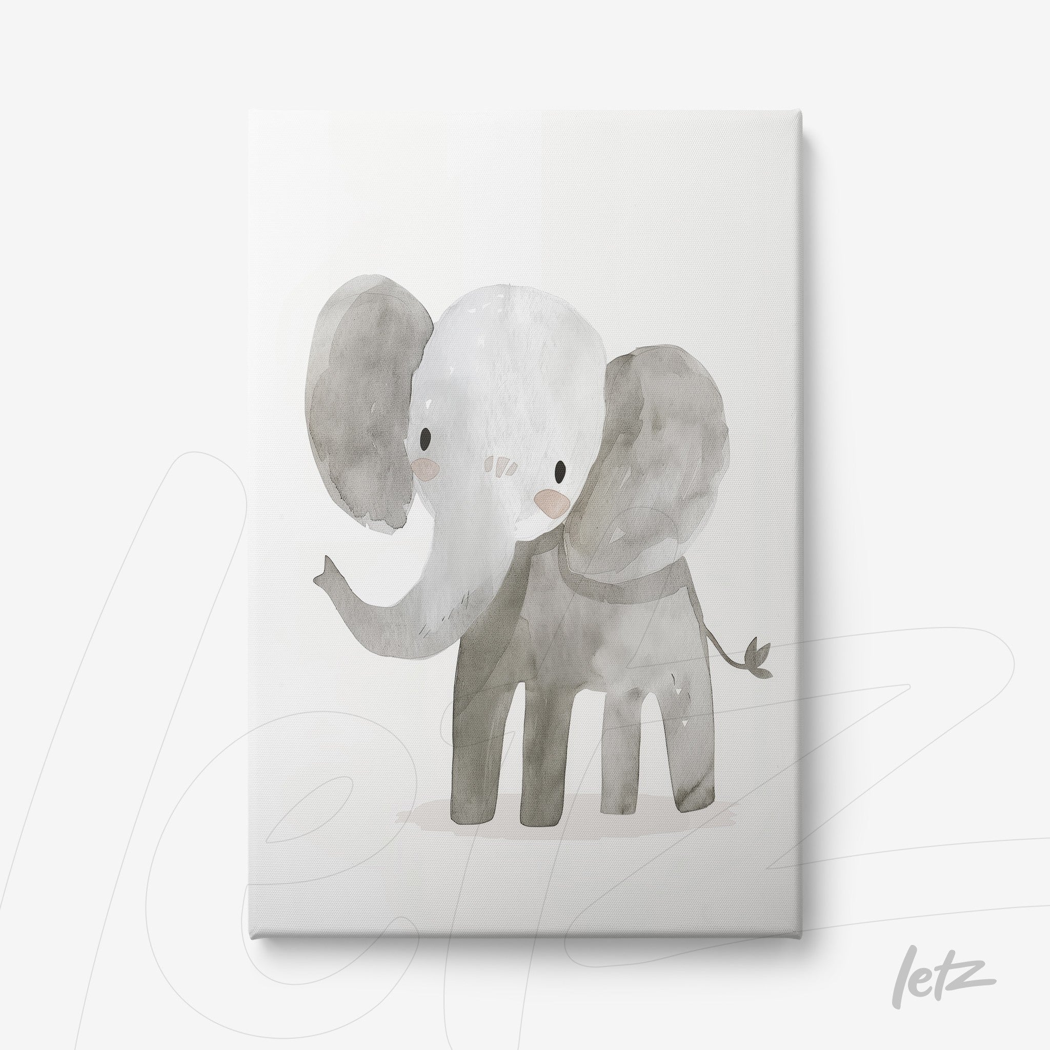 quadro em canvas com ilustração lúdica de um elefante cinza e branco, com traços suaves e expressão amigável