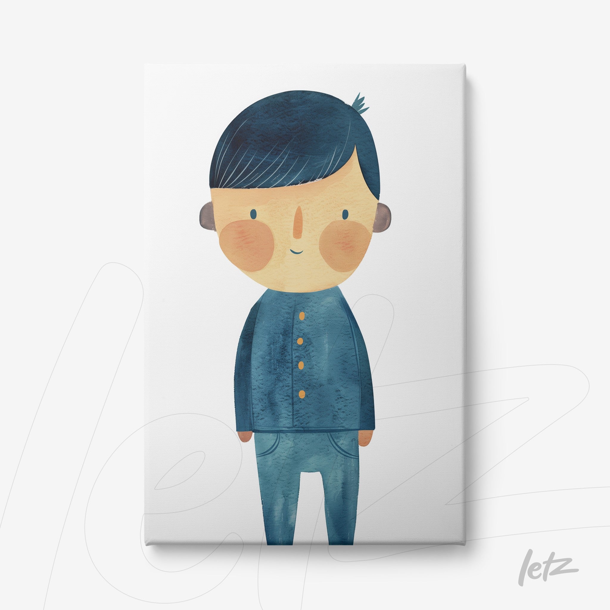 arte digital de garoto sorridente com camisa azul e calças em fundo branco