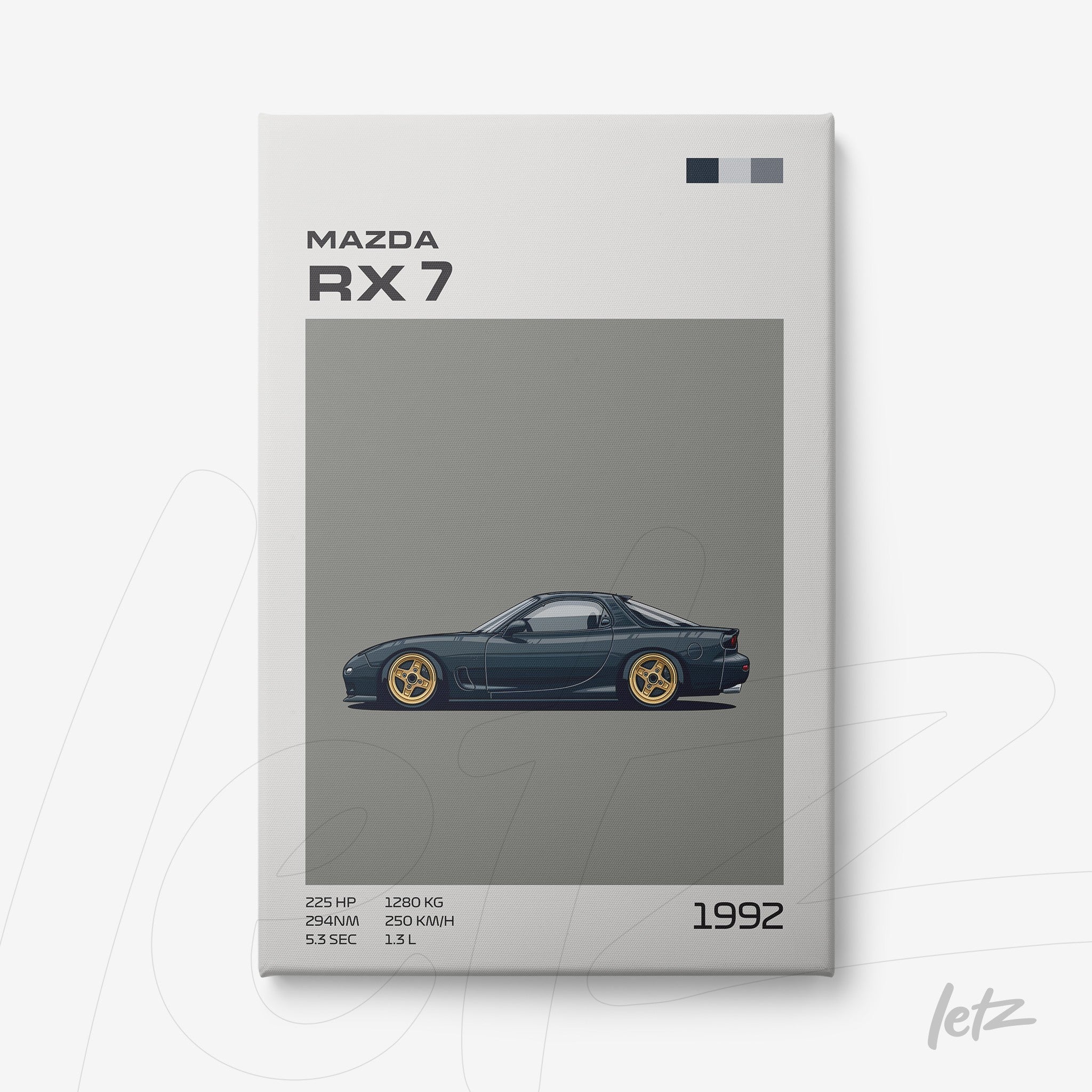 quadro com arte digital do carro Mazda RX-7 de 1992 em fundo cinza e moldura branca