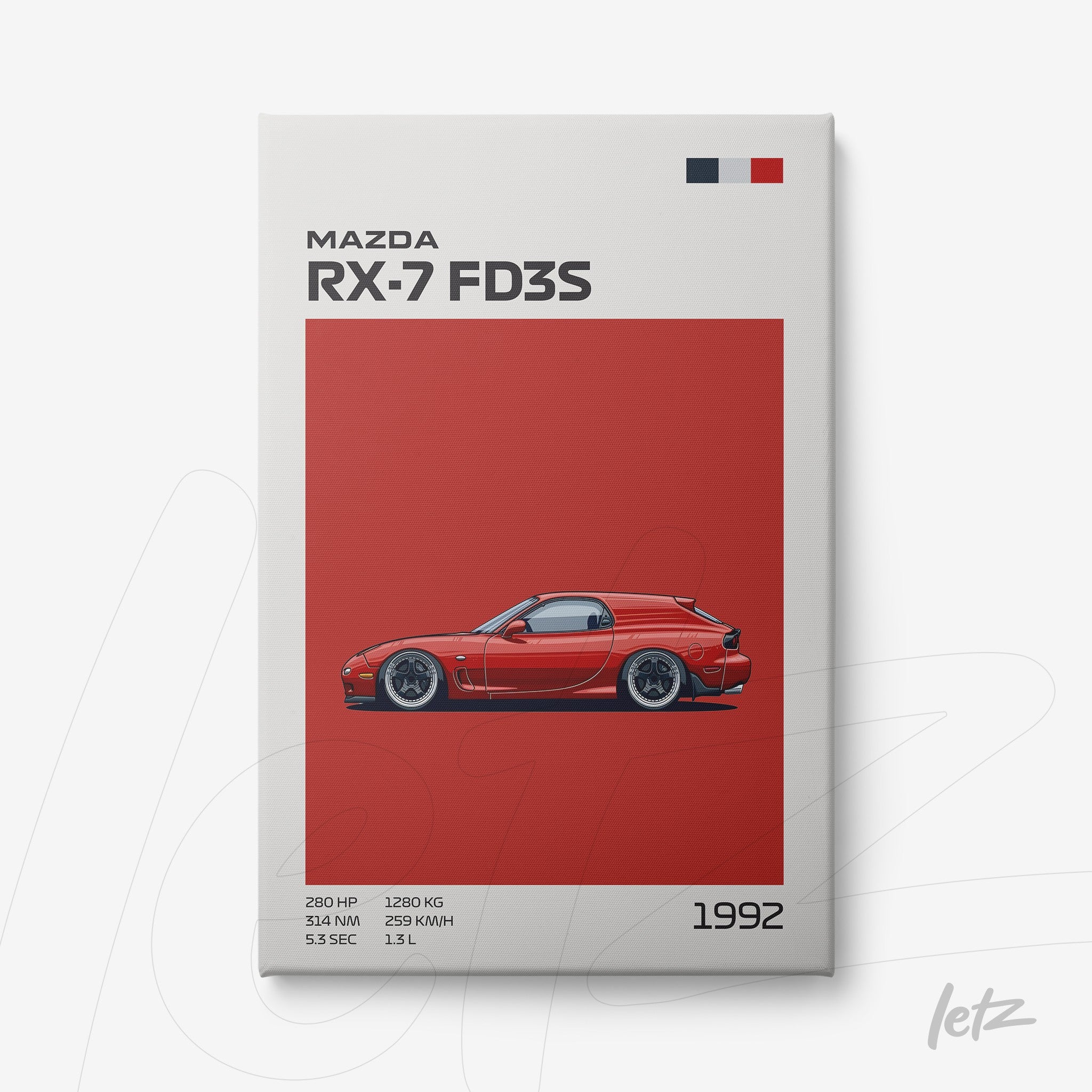 quadro com arte digital do carro Mazda RX-7 FD3S em fundo vermelho