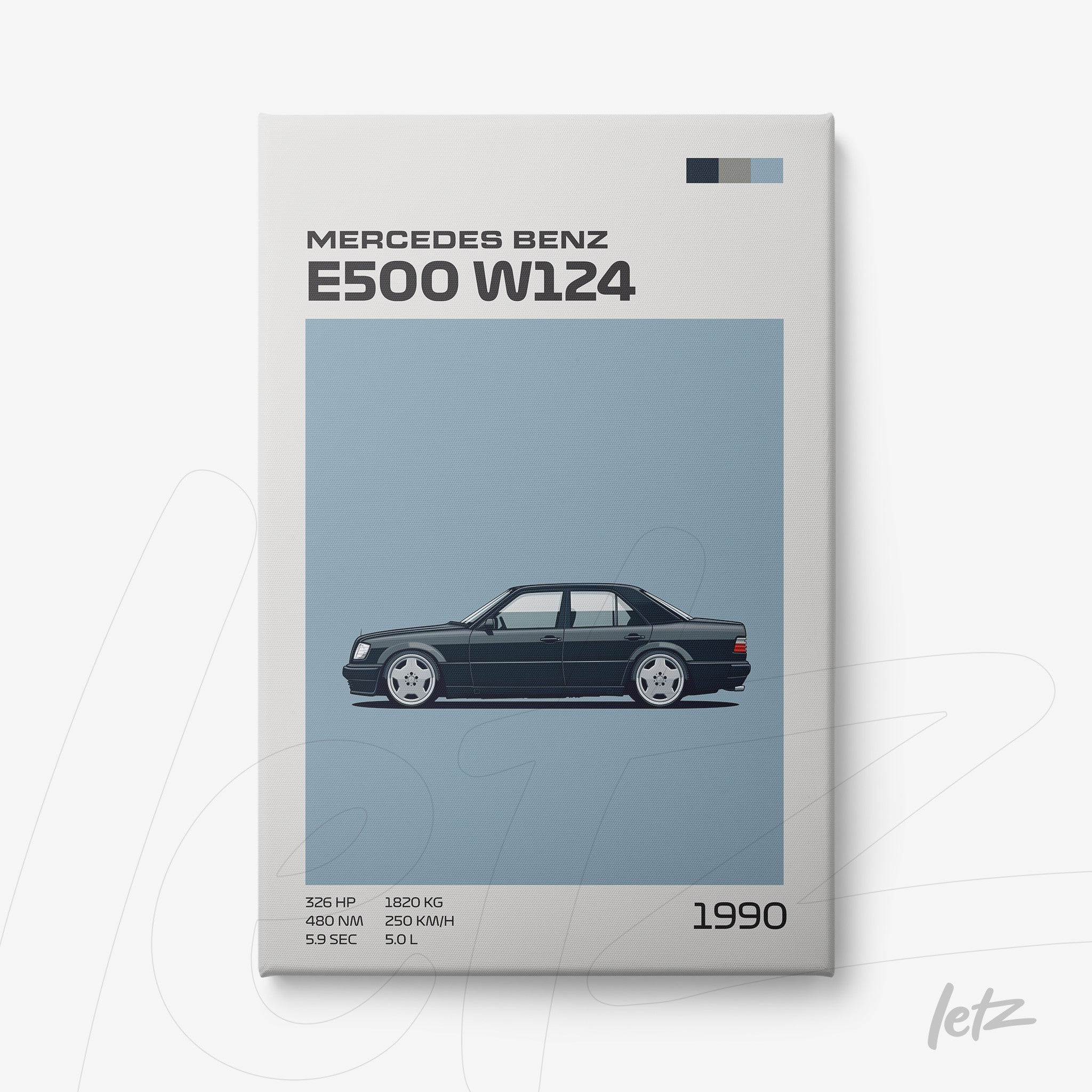 quadro com arte minimalista do carro Mercedes Benz E500 W124 em fundo azul claro
