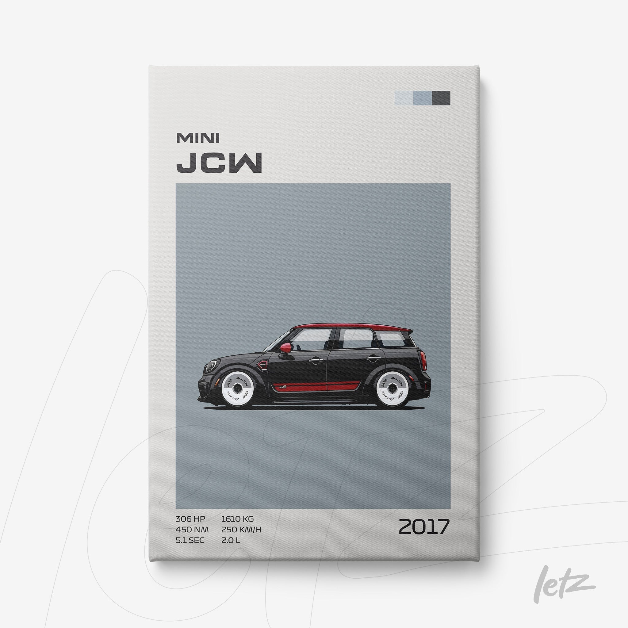 quadro com ilustração estilizada de carro Mini John Cooper Works 2017 em fundo cinza