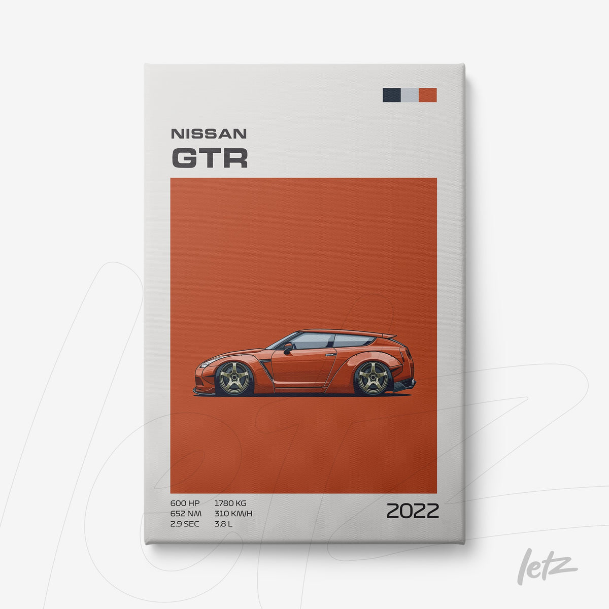 quadro com arte digital do carro Nissan GTR em fundo laranja, destacando suas especificações