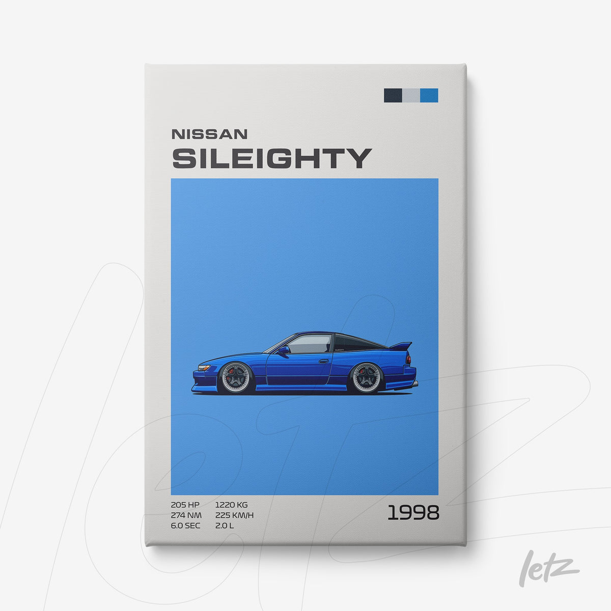 quadro com arte digital do carro Nissan Sil80 de 1998 em fundo azul vibrante