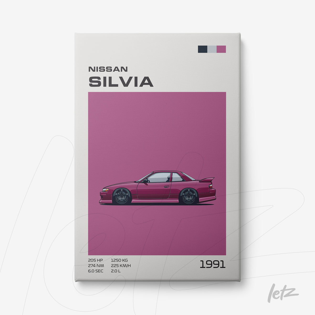 quadro com ilustração do carro Nissan Silvia de 1991 em fundo rosa vibrante