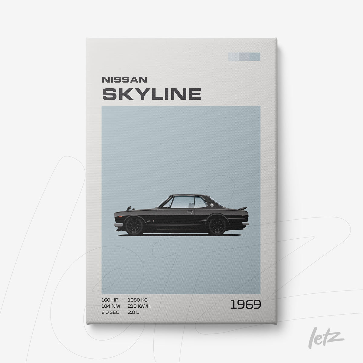 quadro com ilustração de carro Nissan Skyline de 1969 em fundo azul claro