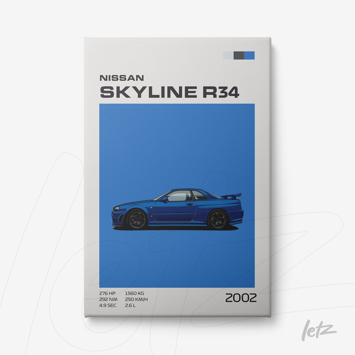 quadro com arte digital do carro Nissan Skyline R34 em fundo azul vibrante