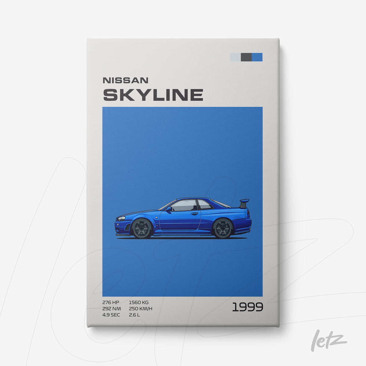 quadro com arte digital de carro esportivo Nissan Skyline 1999 em fundo azul e tipografia moderna