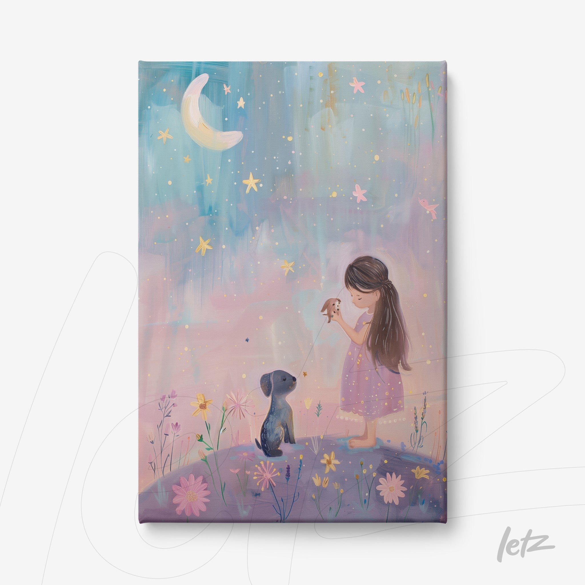 quadro em canvas com ilustração suave de menina com vestido lilás e cachorro sob um céu estrelado com lua crescente e flores coloridas