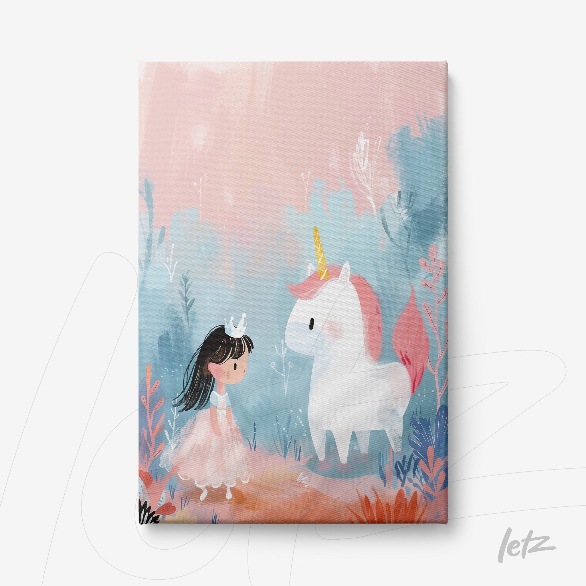 quadro em canvas com ilustração infantil de menina com vestido rosa e unicórnio em fundo pastel