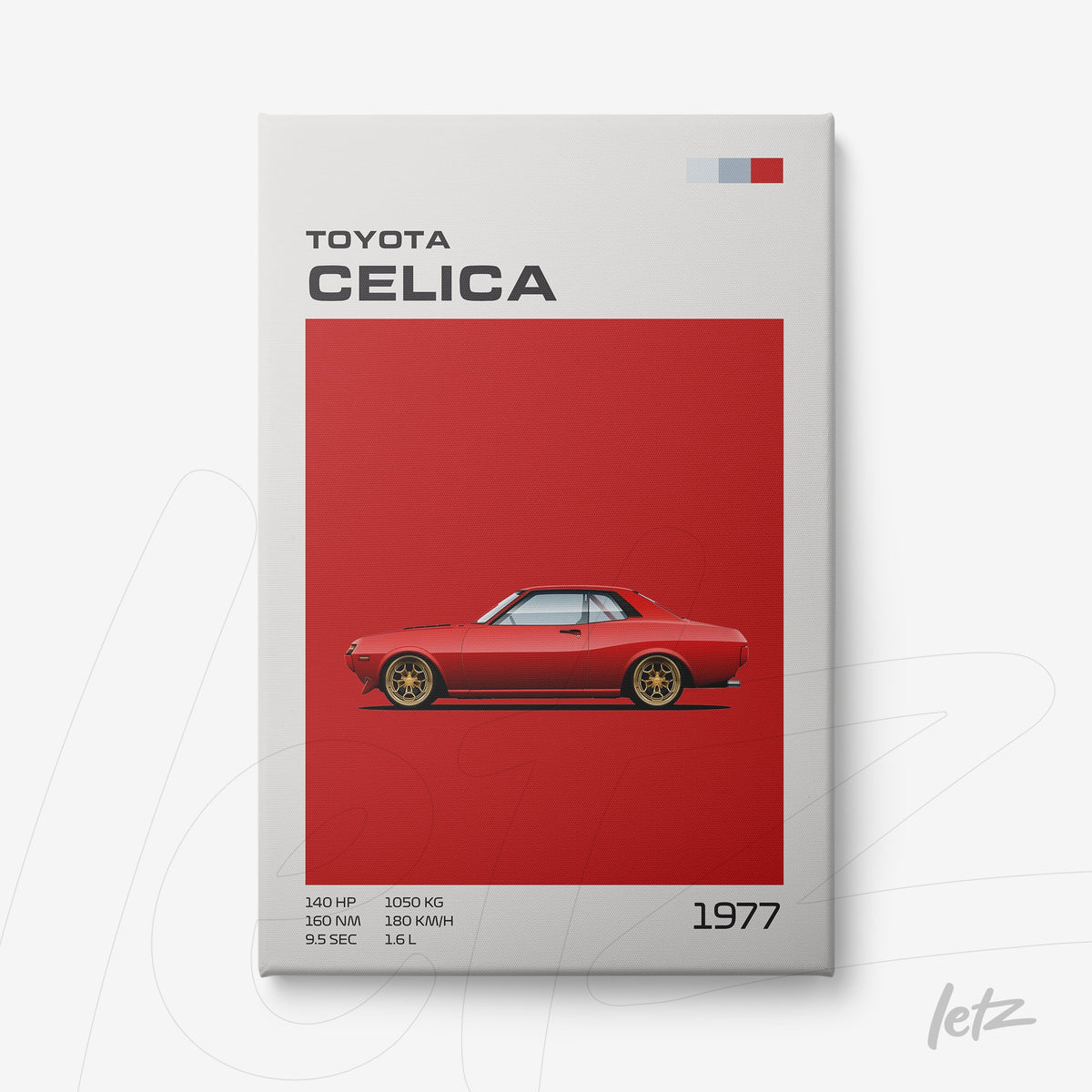 quadro com ilustração minimalista do carro Toyota Celica 1977 em fundo vermelho