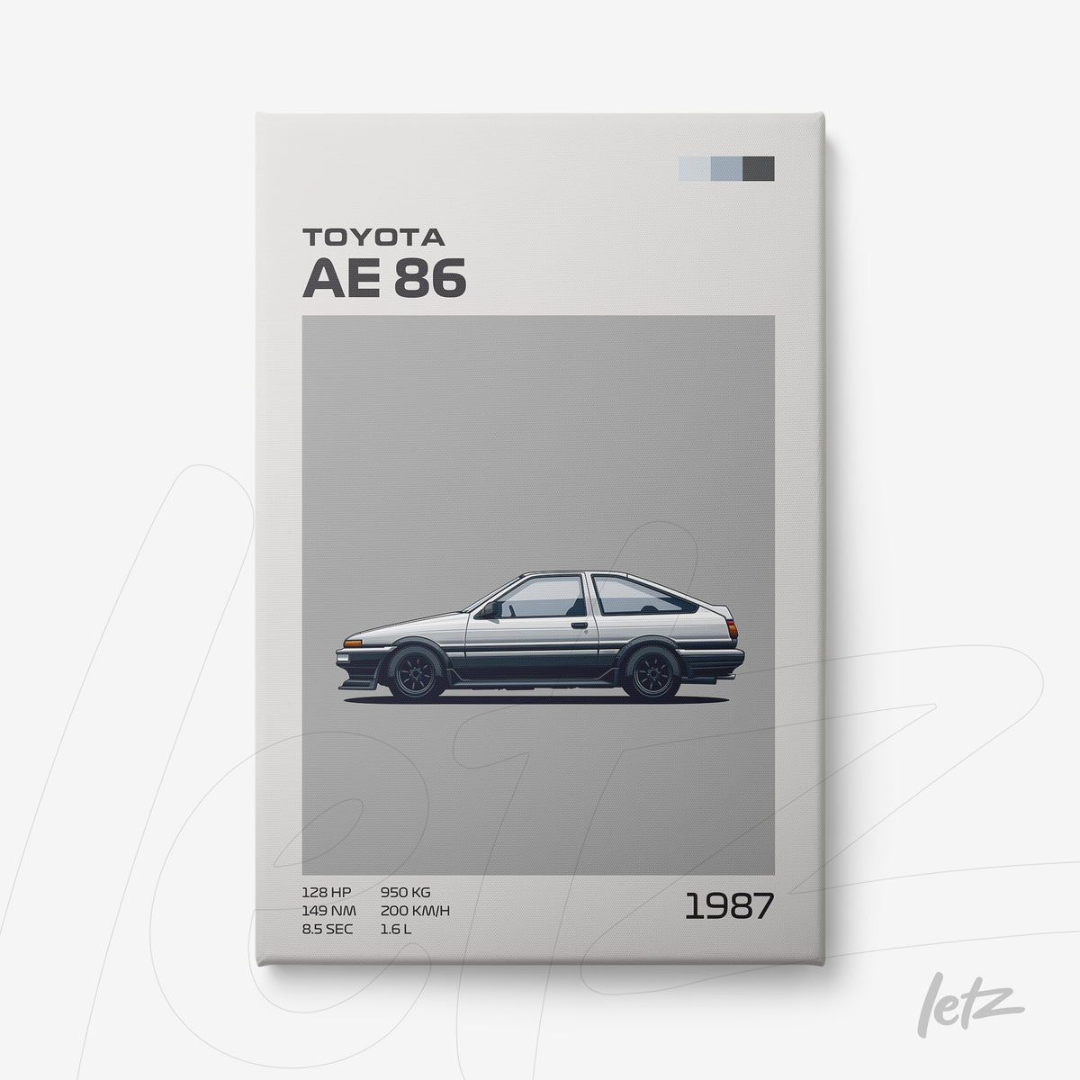 quadro com arte minimalista do carro Toyota AE 86 em fundo cinza
