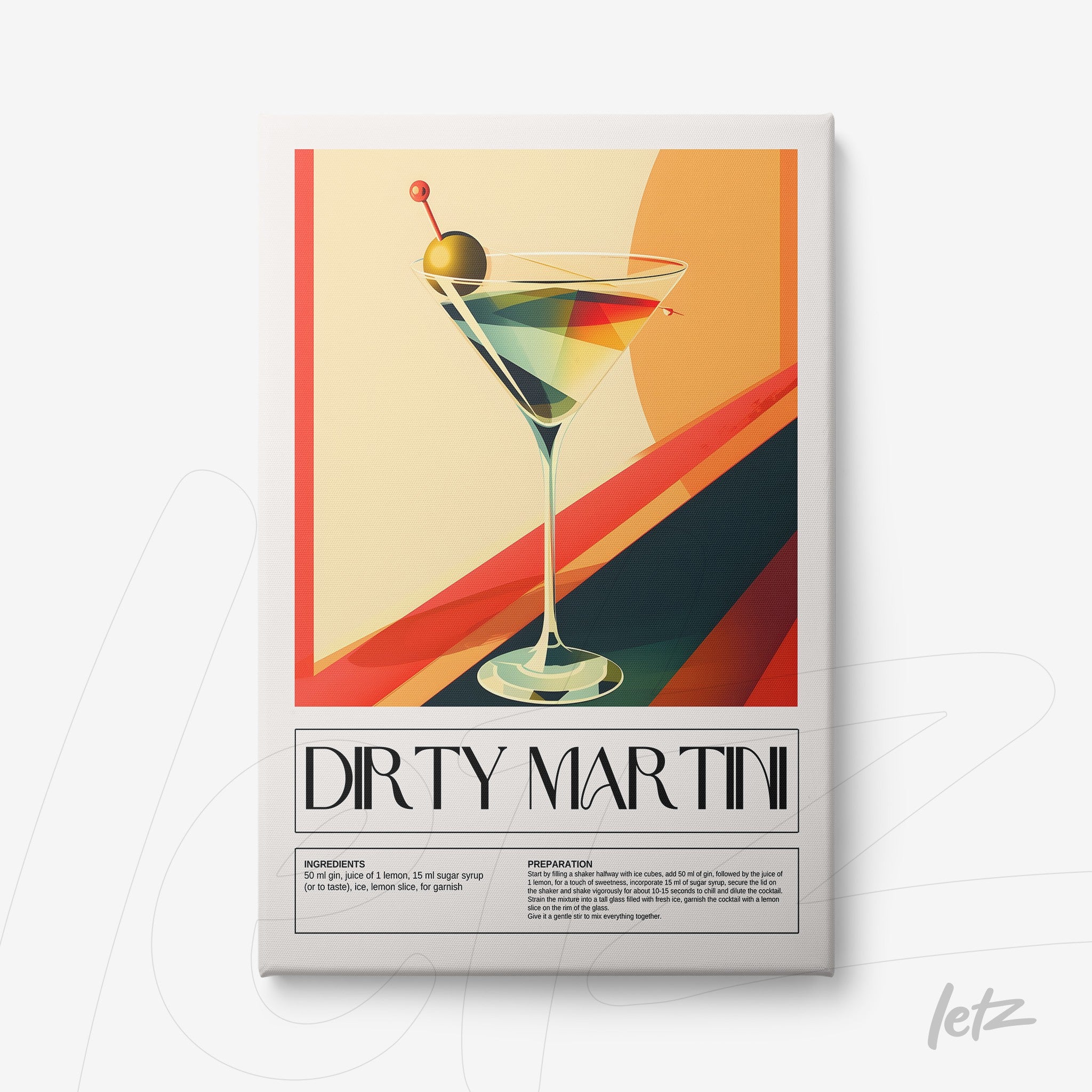 quadro com arte vetorial de drink dirty martini, fundo em tons vibrantes com formas geométricas