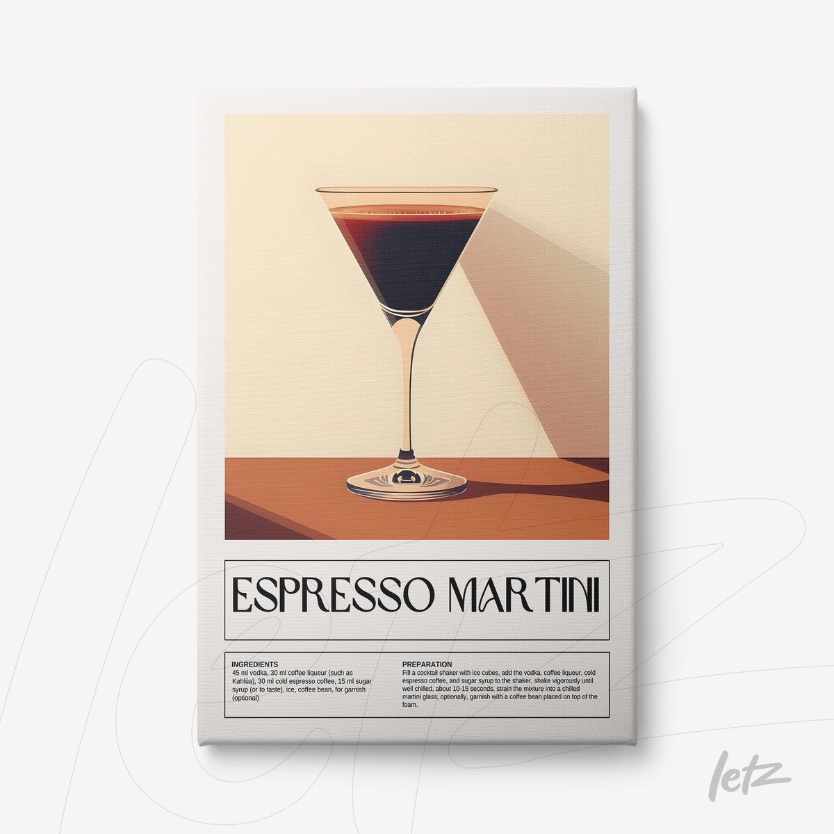 quadro com arte digital de drink espresso martini em moldura branca