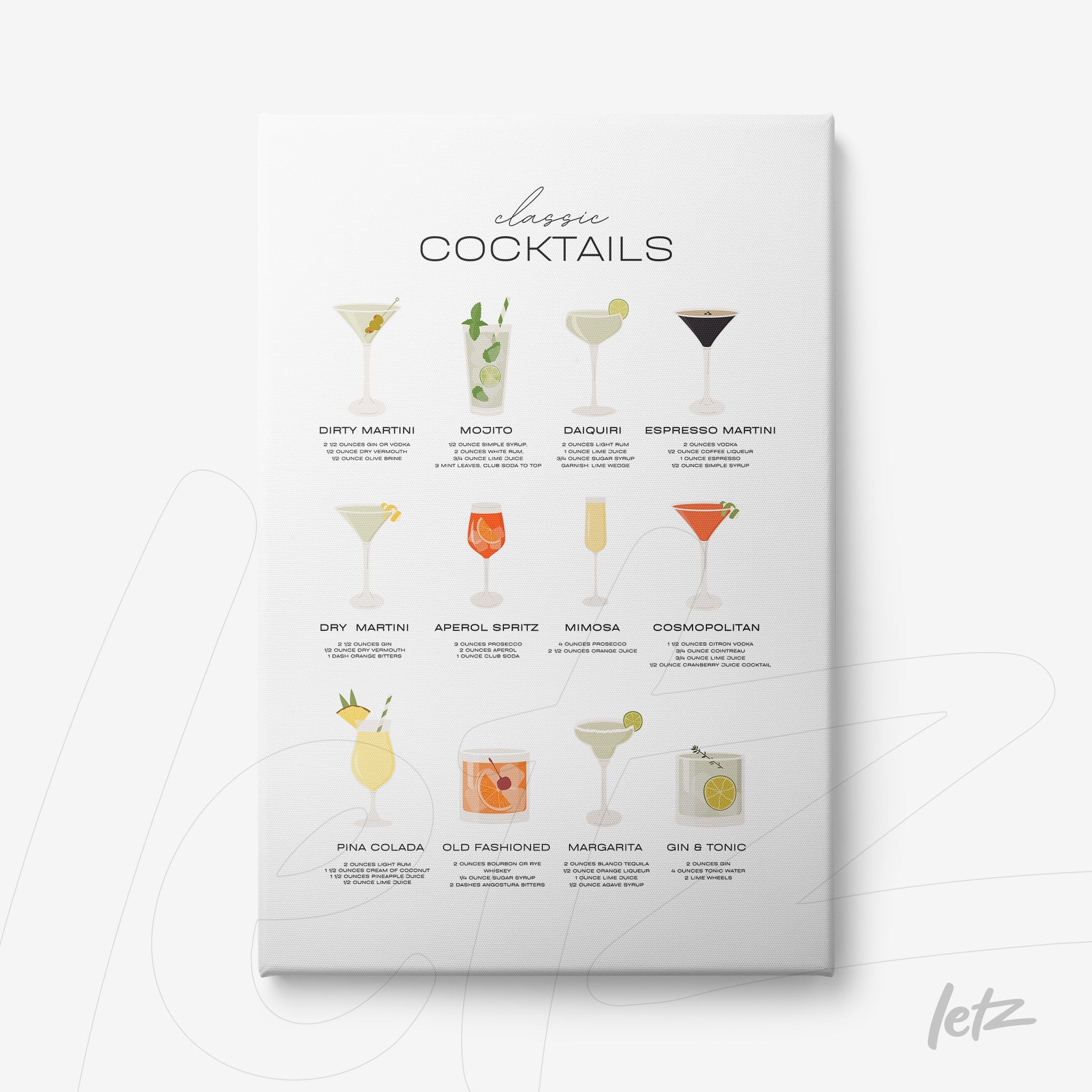 quadro com ilustrações de coquetéis clássicos em fundo claro, apresentando drinks como martini, mojito e cosmopolitan