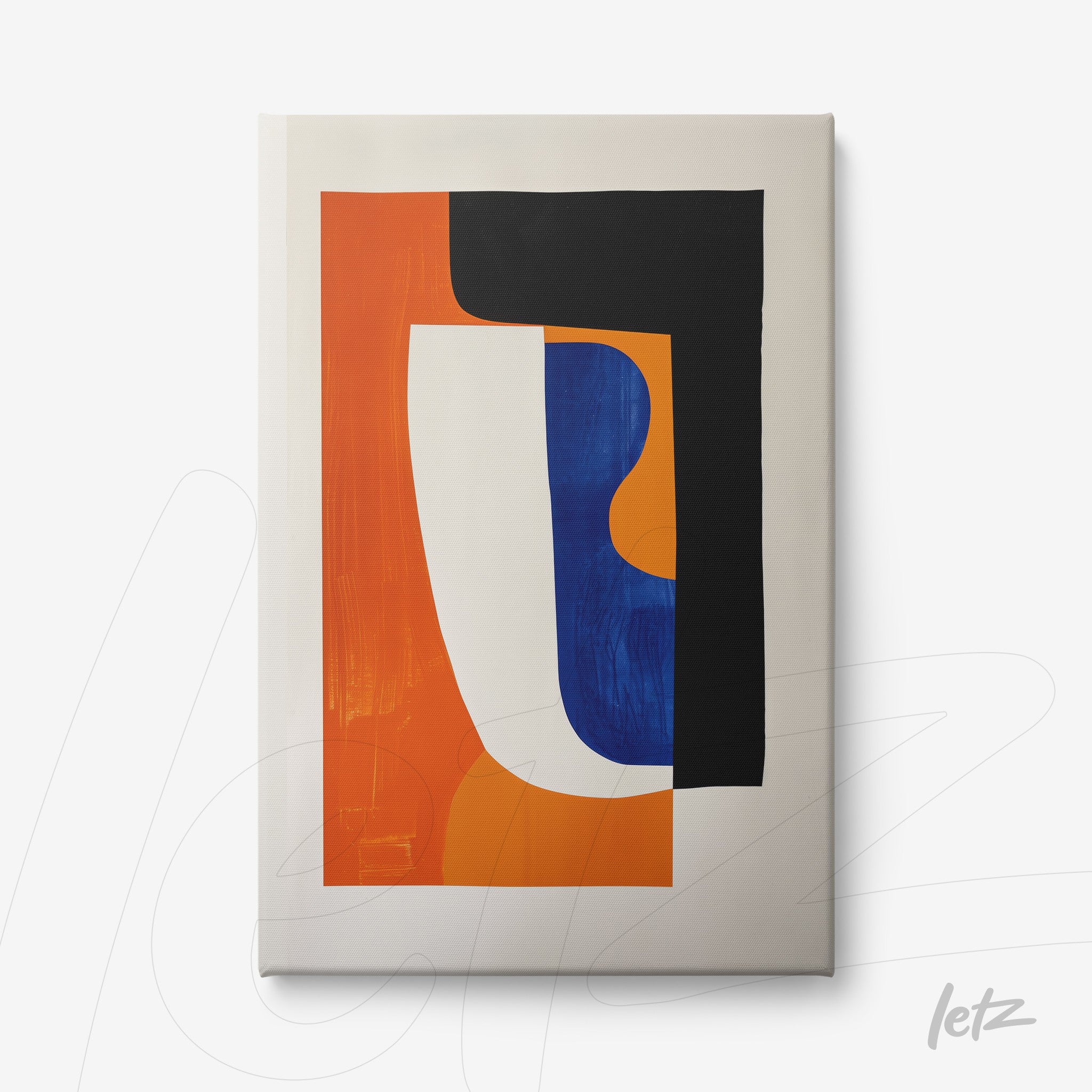 arte moderna com formas abstractas em cores vibrantes como laranja, azul e preto, sobre fundo claro